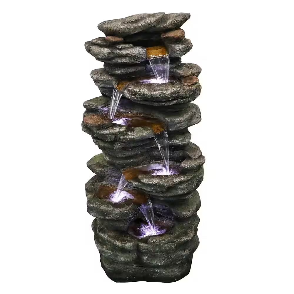 40 In. Resin Rockery Outdoor Relaxing Water Fountain, 6-Tier LED Outdoor Waterfall Fountain for Home, Office, Garden