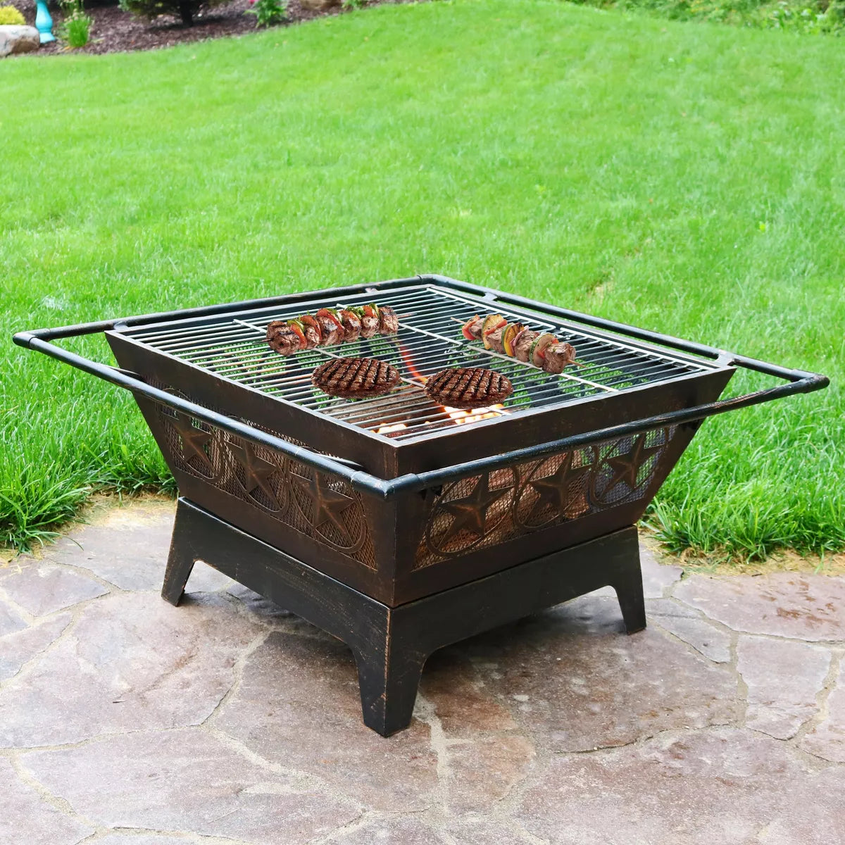 Sunnydaze Outdoor Camping or Backyard Steel Northern Galaxy Fire Pit with Cooking Grill Grate, Spark Screen, and Log Poker - 32"