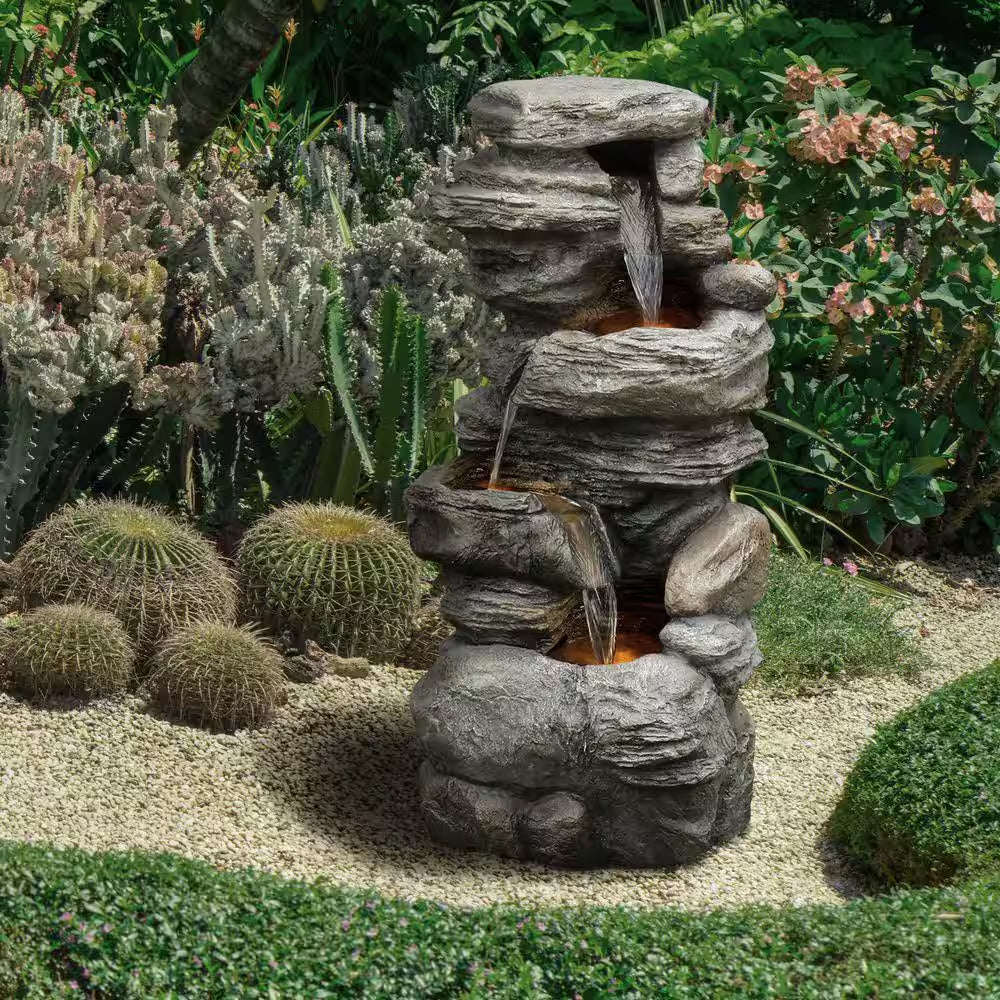 39.37 In. 4-Tier Outdoor Faux Stacked Stone Gray Tiered Water Fountain with LED Lights and Pump