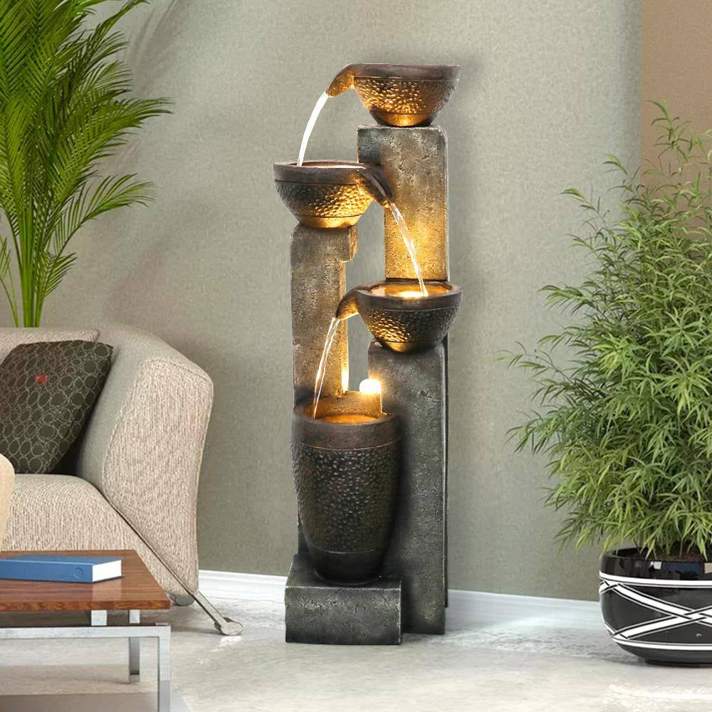 40 In. Resin Fiber Modern Outdoor Fountain, 4-Tier Garden Water Feature W/Soothing Sounds & LED Lights for House Office