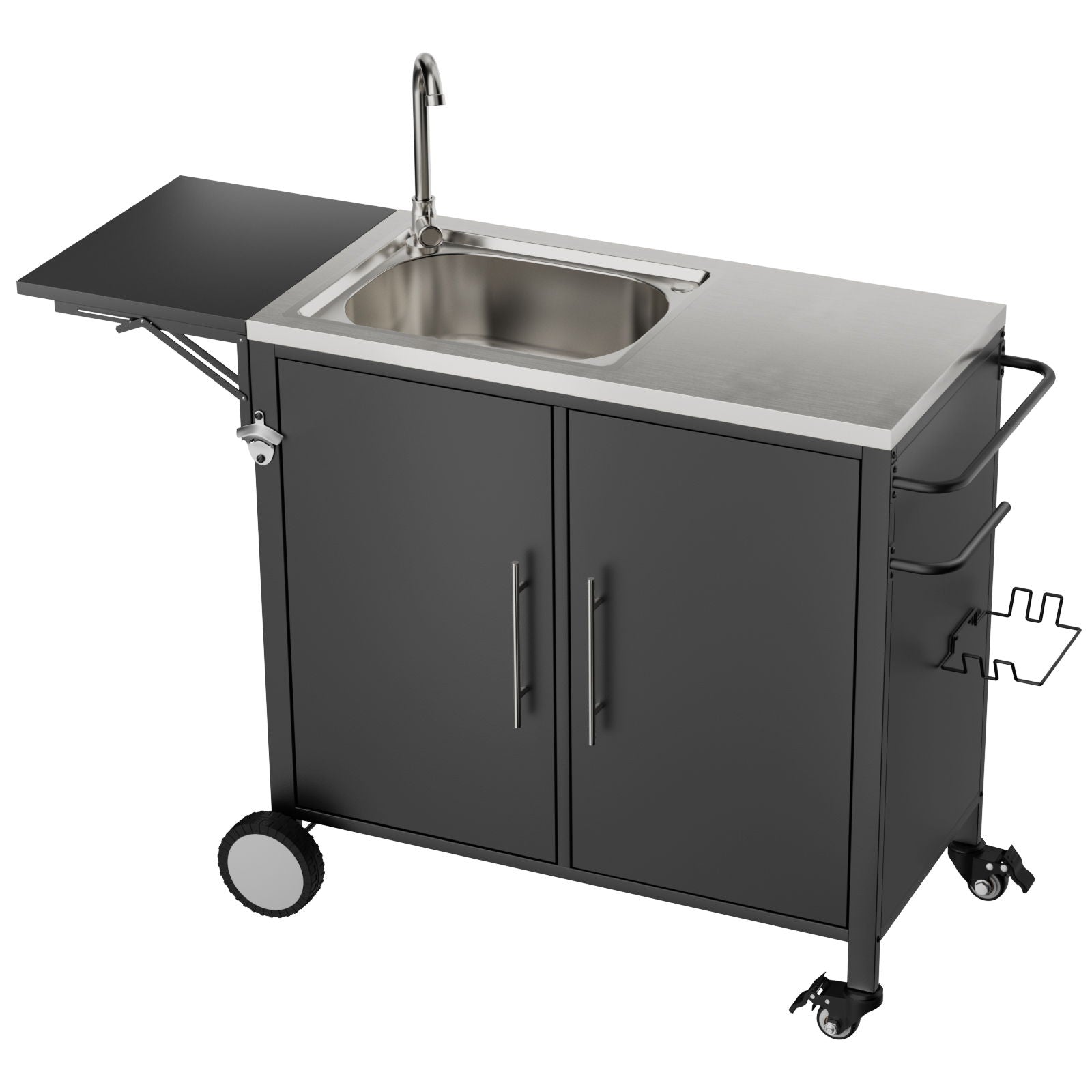 Outdoor Grill Table With Sink, Worktable Kitchen Cabinet Island With Wheels & Foldable Top - Black