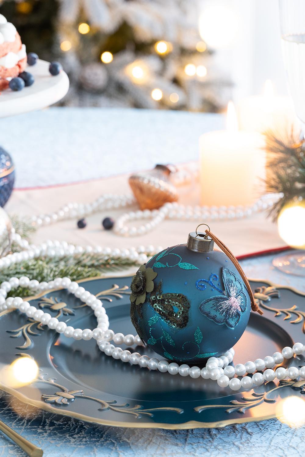 Light Blue Glass Christmas Ball Ornaments with Glitter Details - Set of 4 or 6