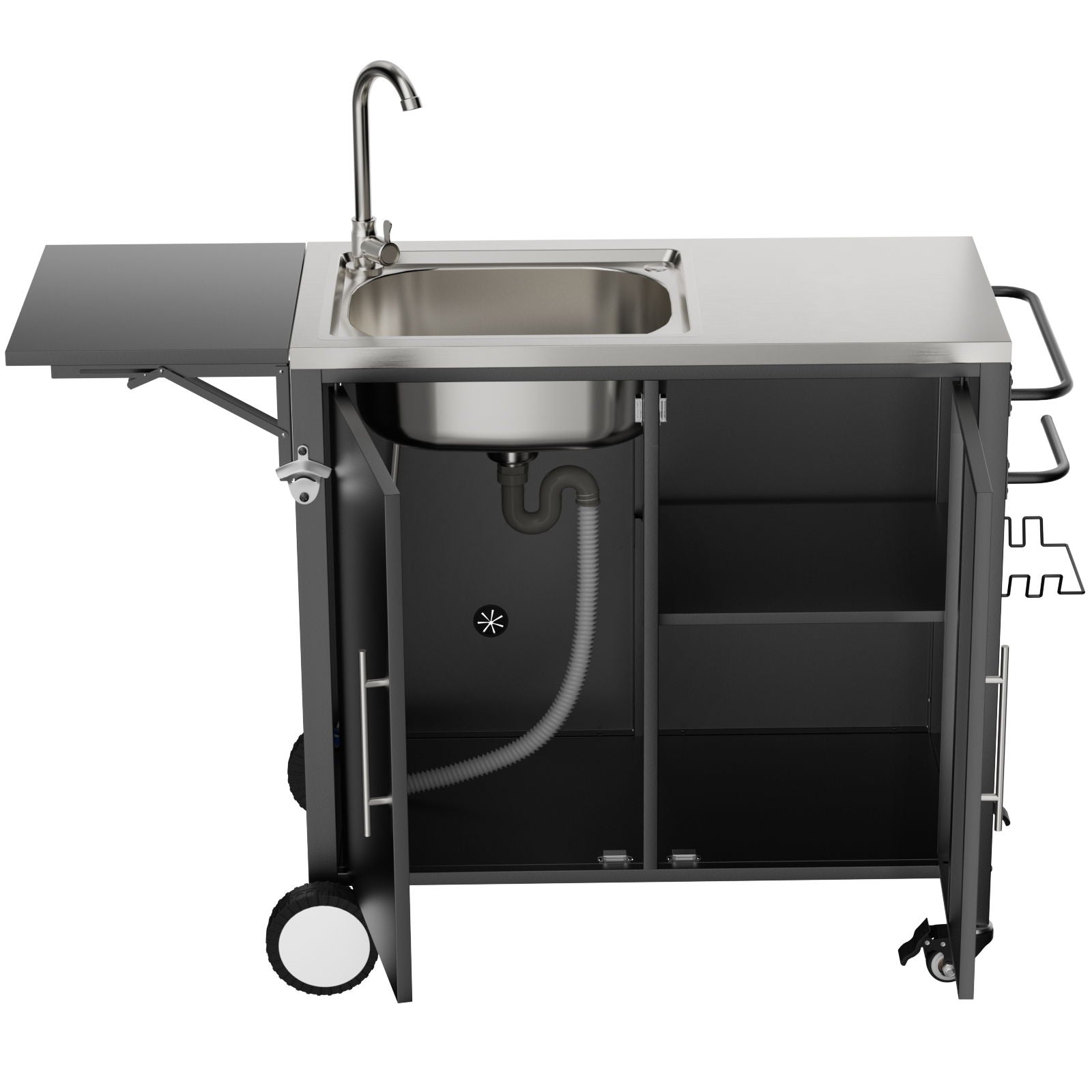 Outdoor Grill Table With Sink, Worktable Kitchen Cabinet Island With Wheels & Foldable Top - Black