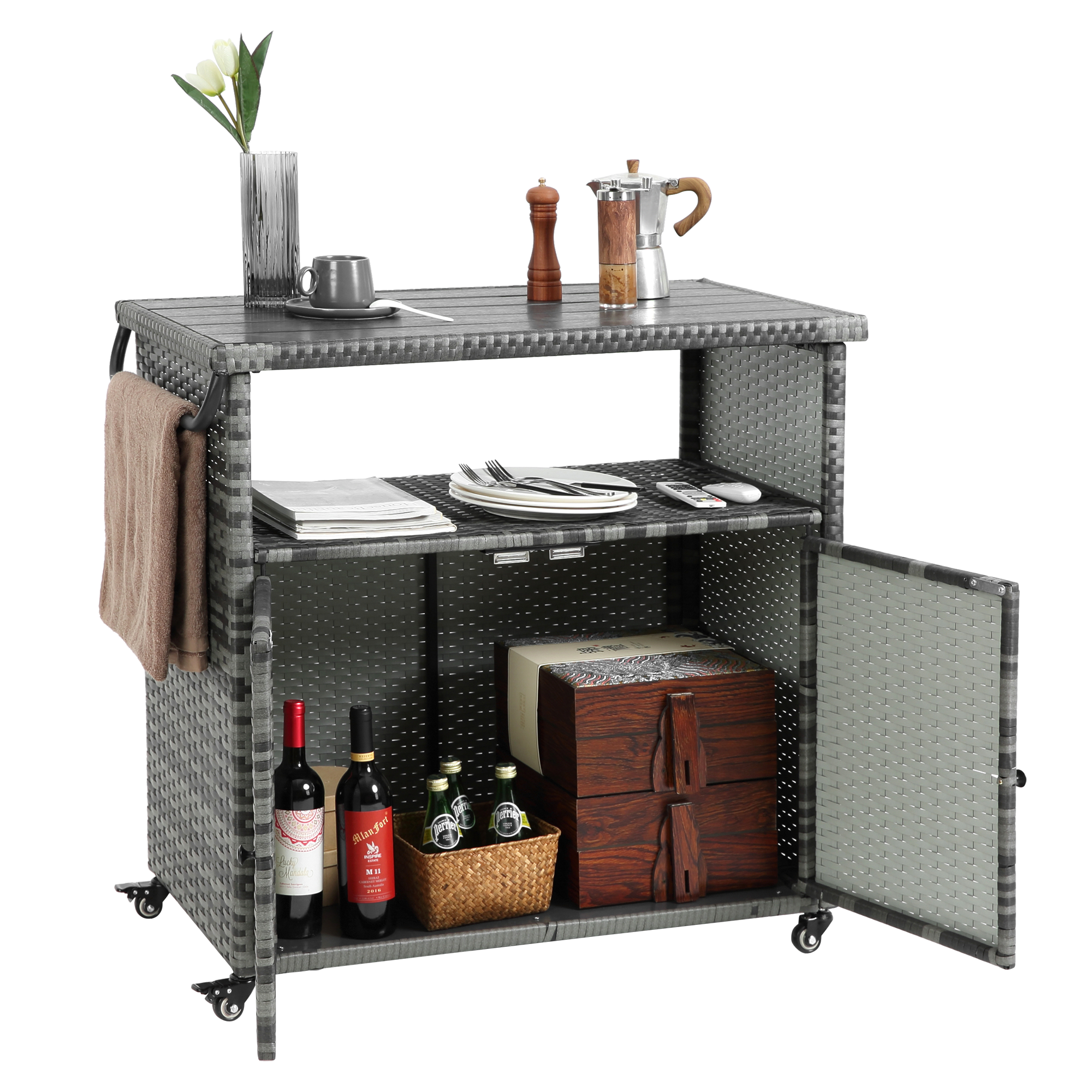 Outdoor Wicker Bar Cart with Glass Top and Wheels