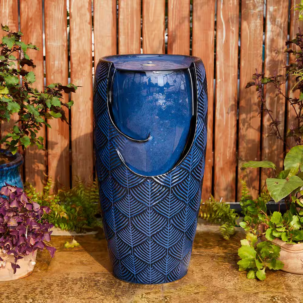 29.25 In. H Outdoor Oversized Cobalt Blue Scale-Like Textured Glaze Ceramic Pot Floor Fountain with LED Light