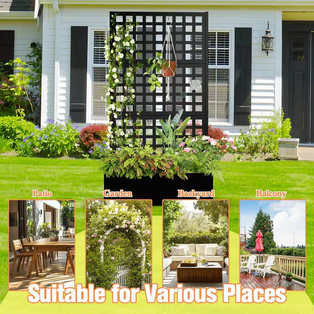 35 In.L X 16 In.W X 71 In.H Metal Raised Garden Planter Box W/Trellis-Black Rectangle Pot for Climbing Plants, Cucumbers