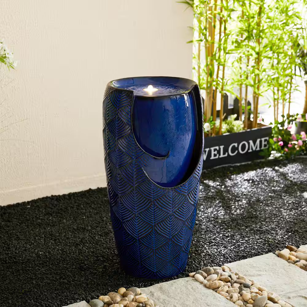 29.25 In. H Outdoor Oversized Cobalt Blue Scale-Like Textured Glaze Ceramic Pot Floor Fountain with LED Light