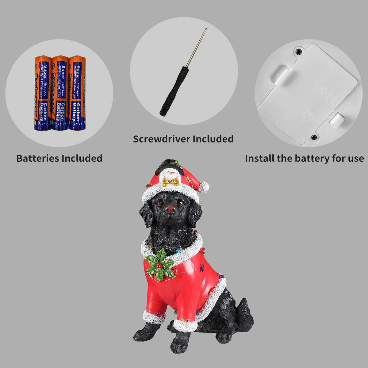 Christmas Dog Statue with Santa Outfit - Black Retriever Holiday Figurine