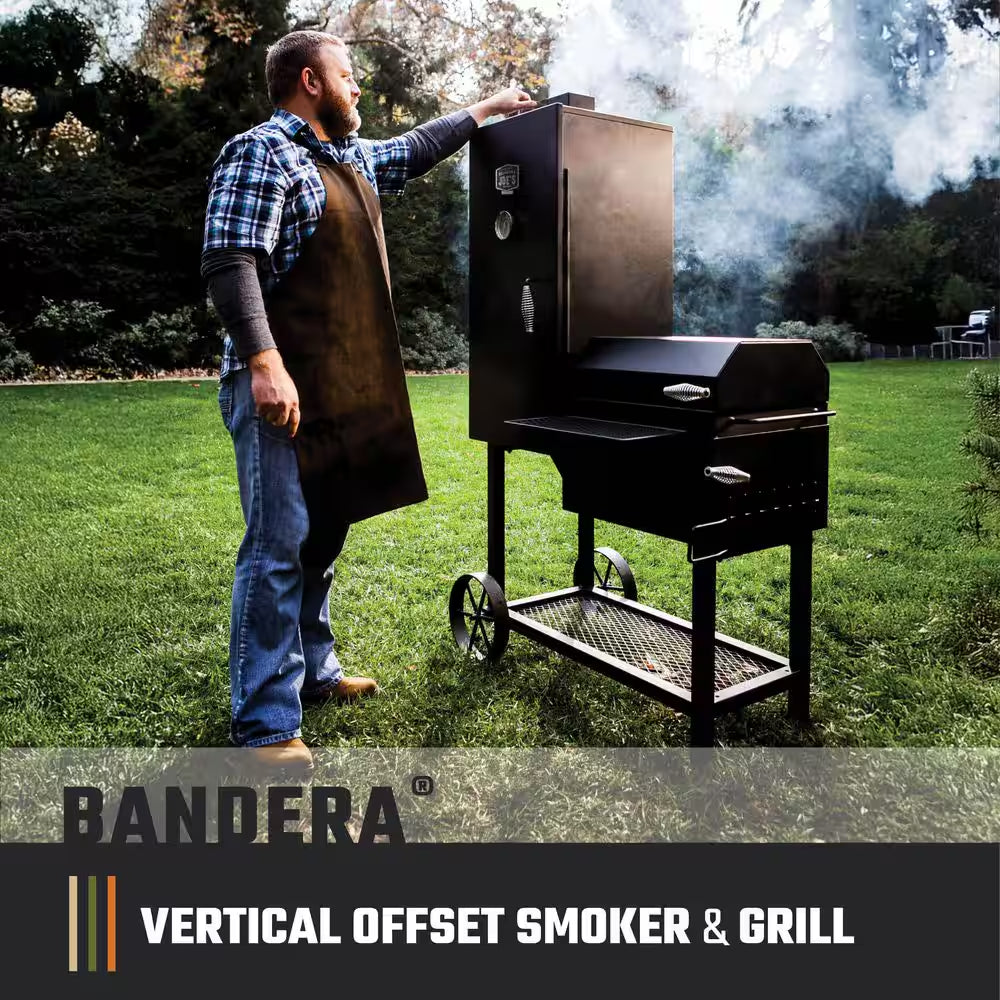 Bandera Vertical Offset Charcoal Smoker and Grill with 992 Sq. In. Cooking Area in Black