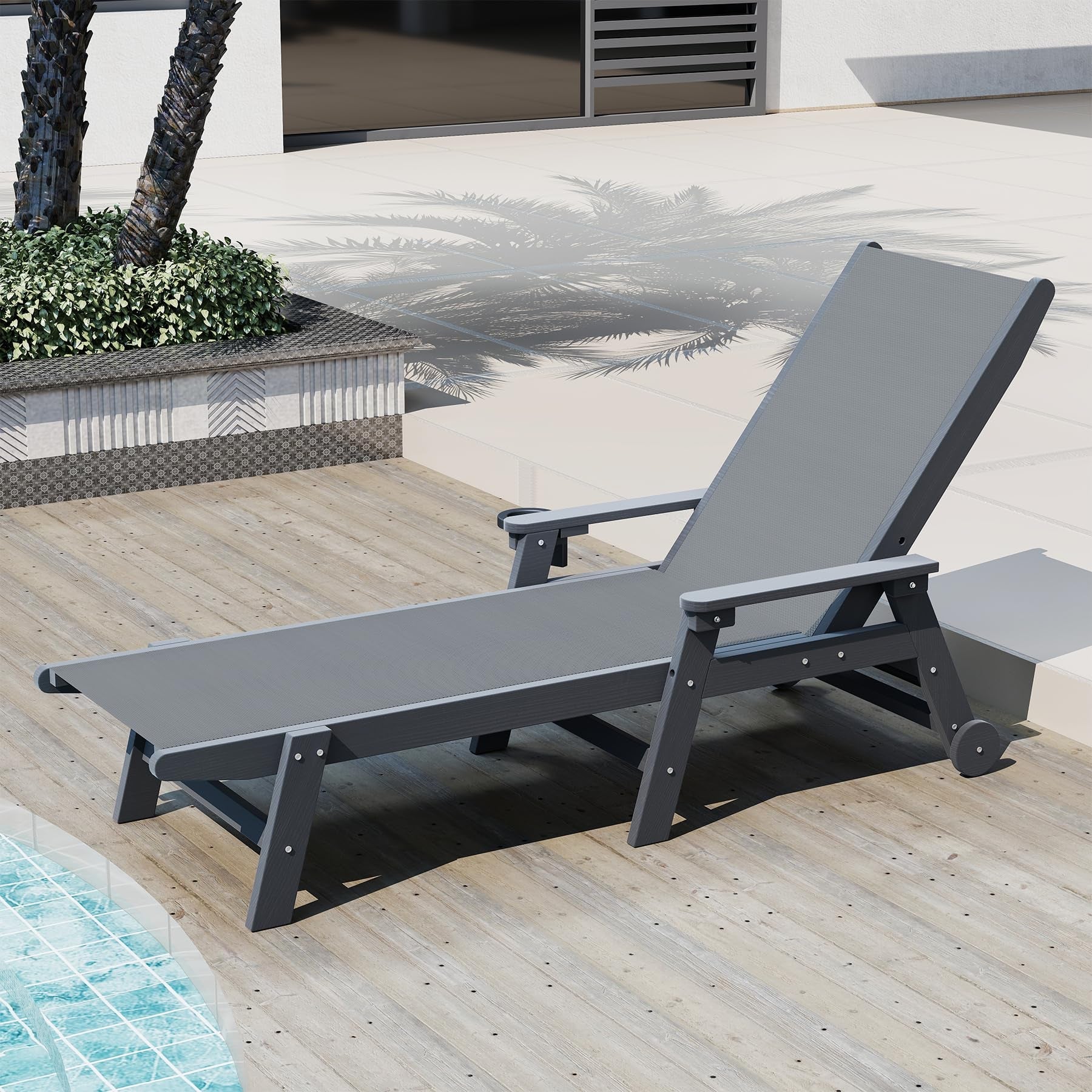 Lounge Chair Outdoor, HDPE Chaise Lounge with Wheels and Adjustable Recliner