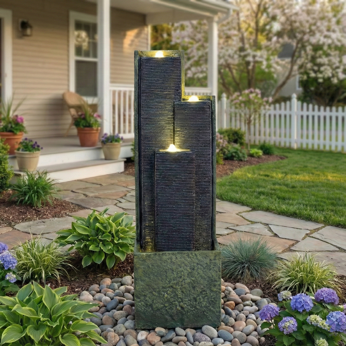 39" H Outdoor Water Fountain Modern Cascading Freestanding Fountain with LED Lights for Garden Patio Porch Lawn