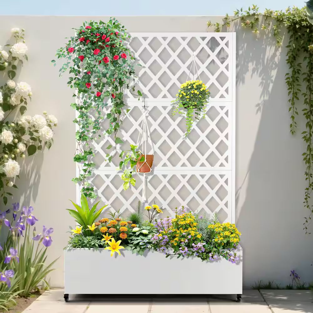 47 In. X 16 In. X 71 In. White Metal Raised Garden Planter Box with Trellis-Rust-Proof for Cucumbers and Climbing Plants