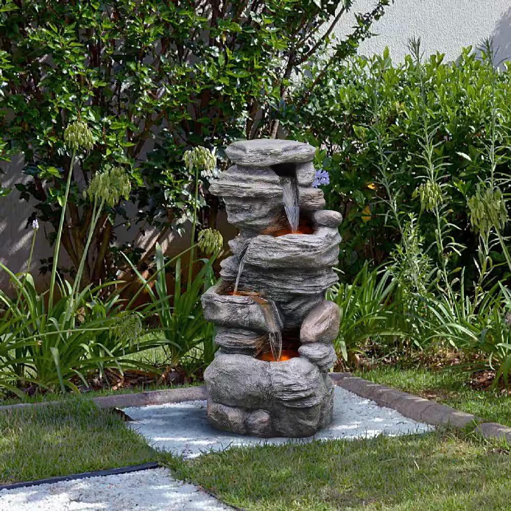 39.37 In. 4-Tier Outdoor Faux Stacked Stone Gray Tiered Water Fountain with LED Lights and Pump