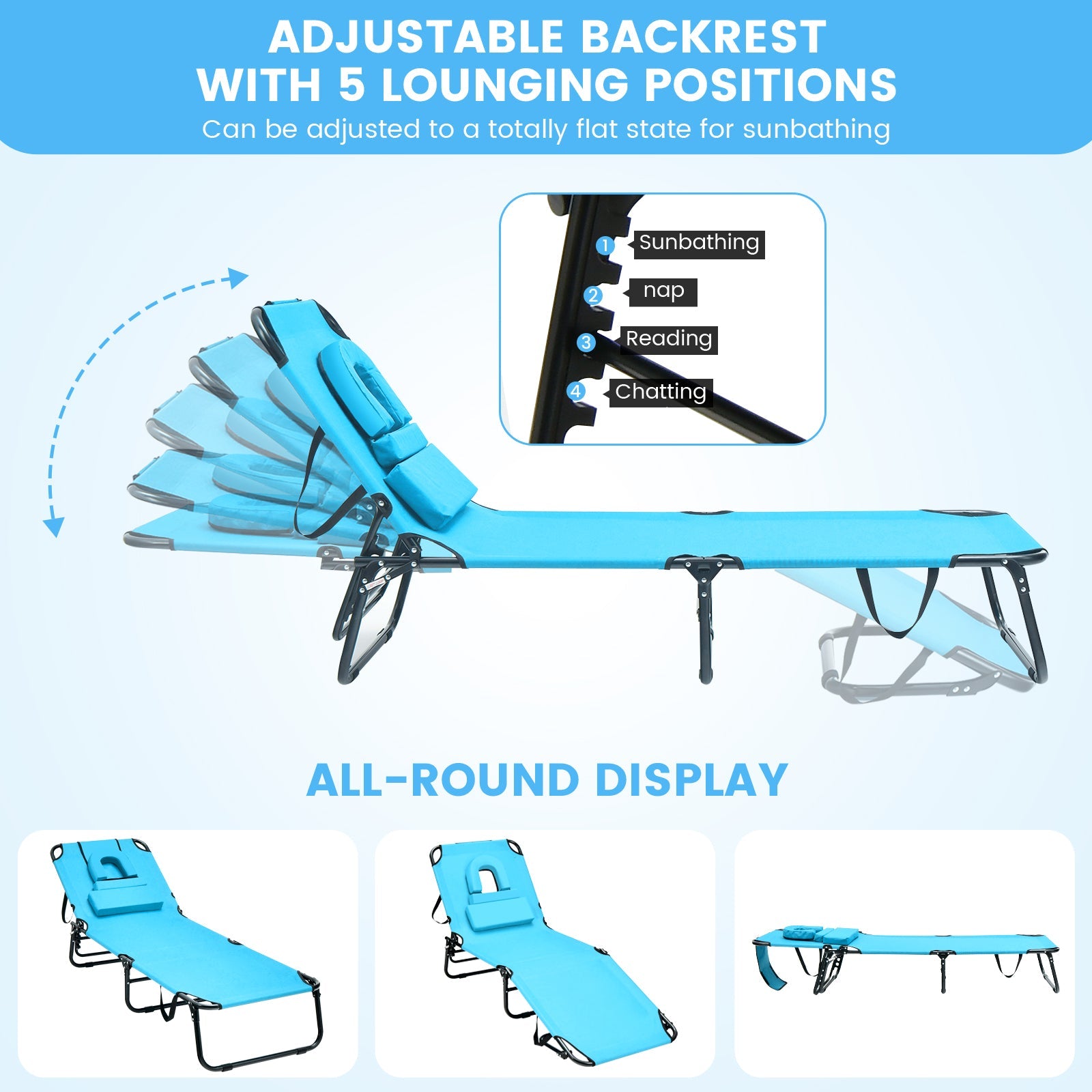 Beach Chaise Lounge Chair with Face Hole and Removable Pillow-Turquoise