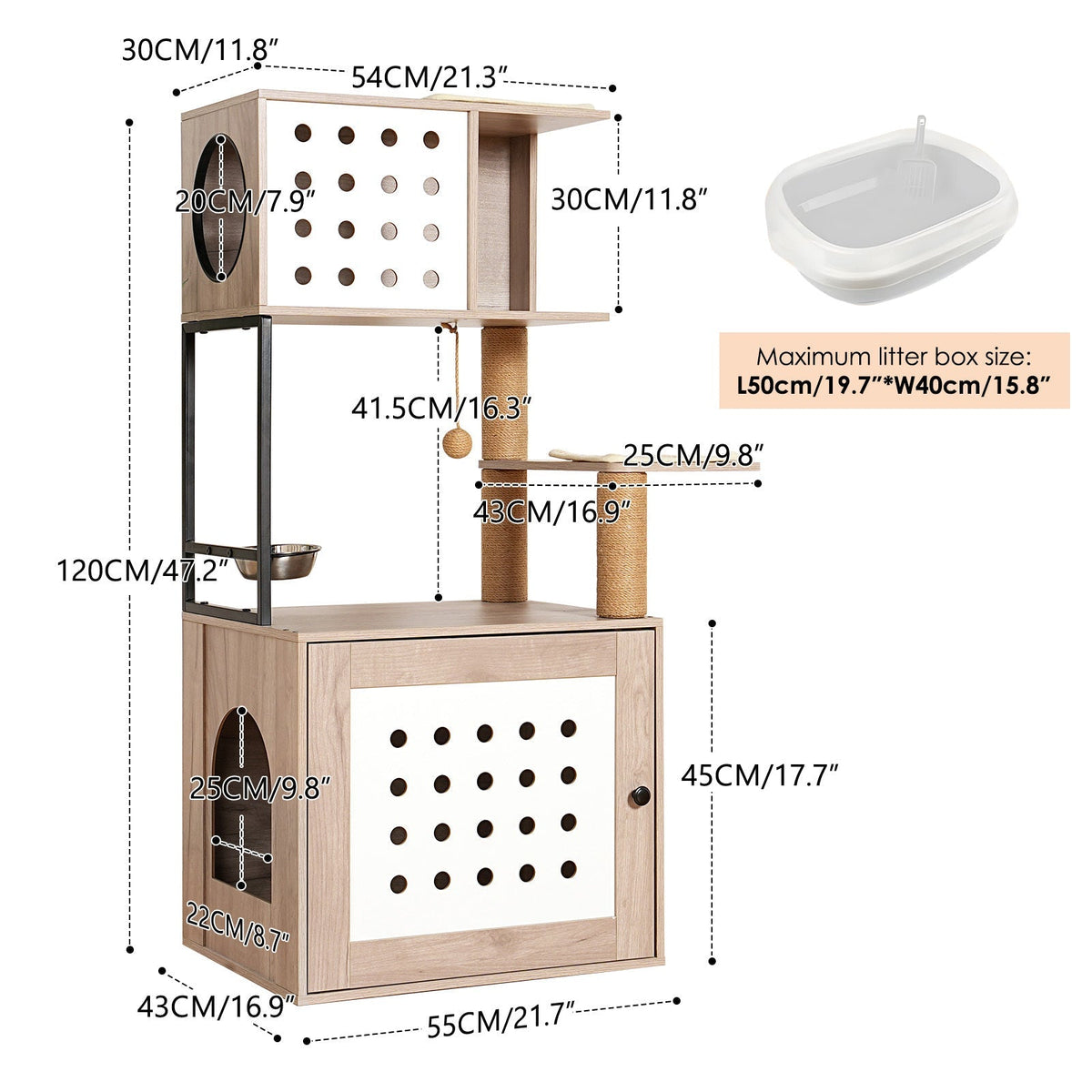 Cat Tree with Litter Box Enclosure and Large Hammock - Gray & White