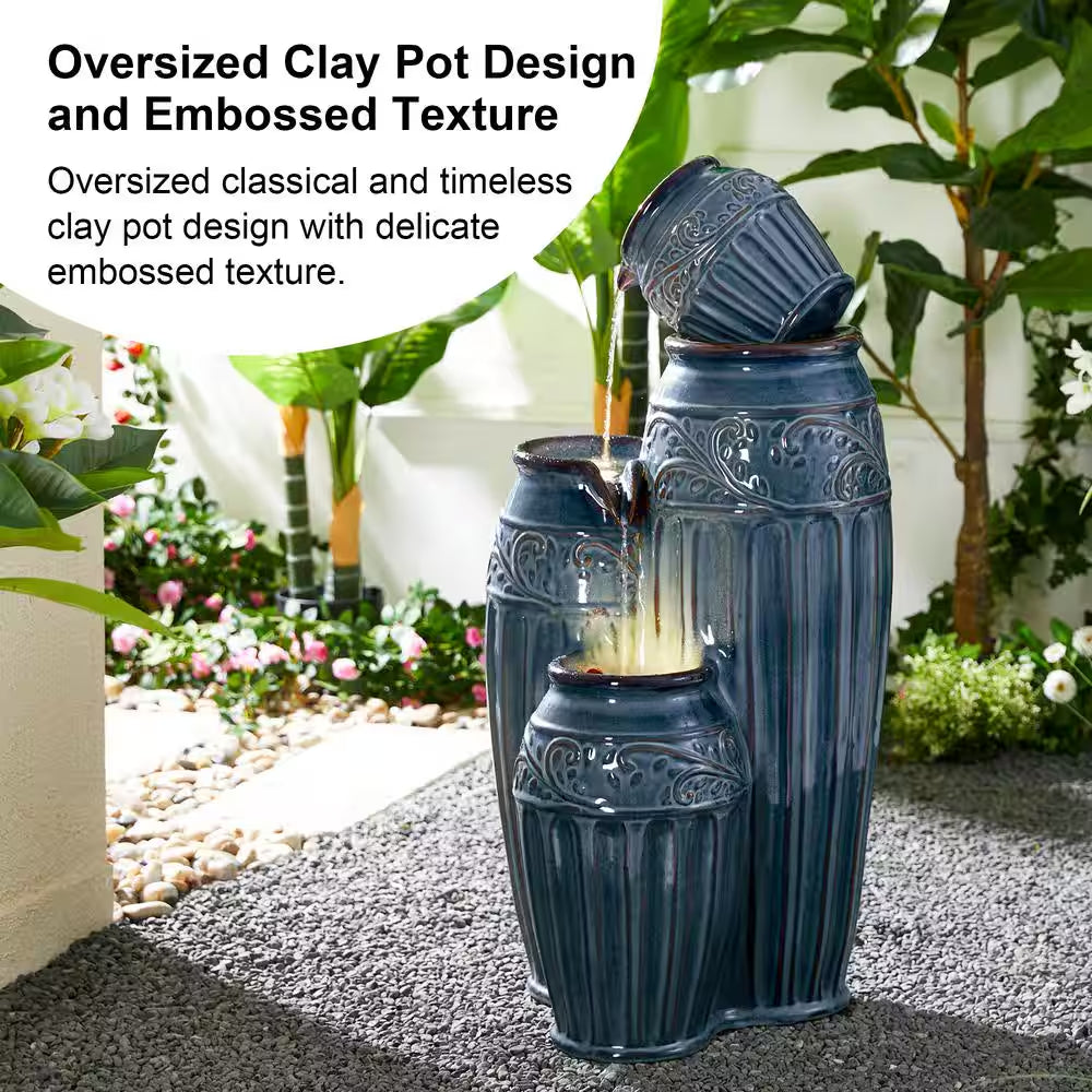 35.5 In. H Outdoor Oversized 4-Tiered Turquoise Embossed Pattern Ceramic Pots Floor Fountain with Pump and LED Light