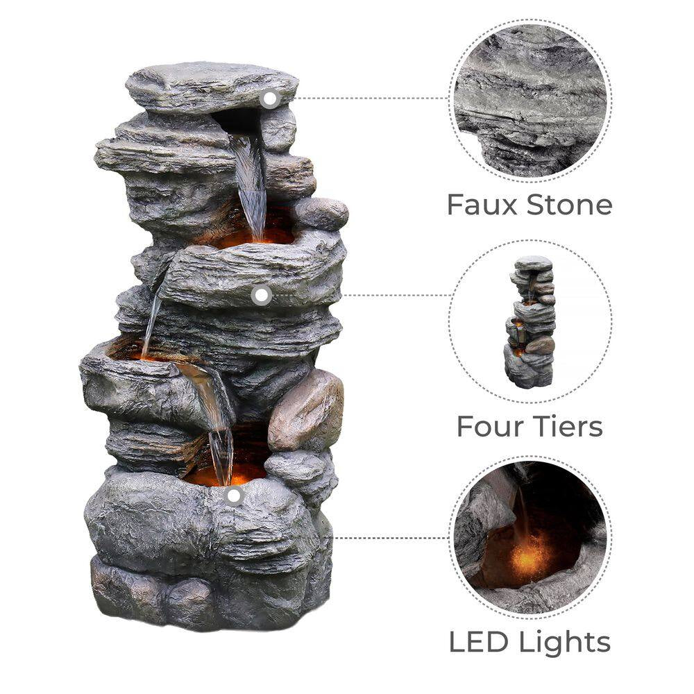 39.37 In. 4-Tier Outdoor Faux Stacked Stone Gray Tiered Water Fountain with LED Lights and Pump