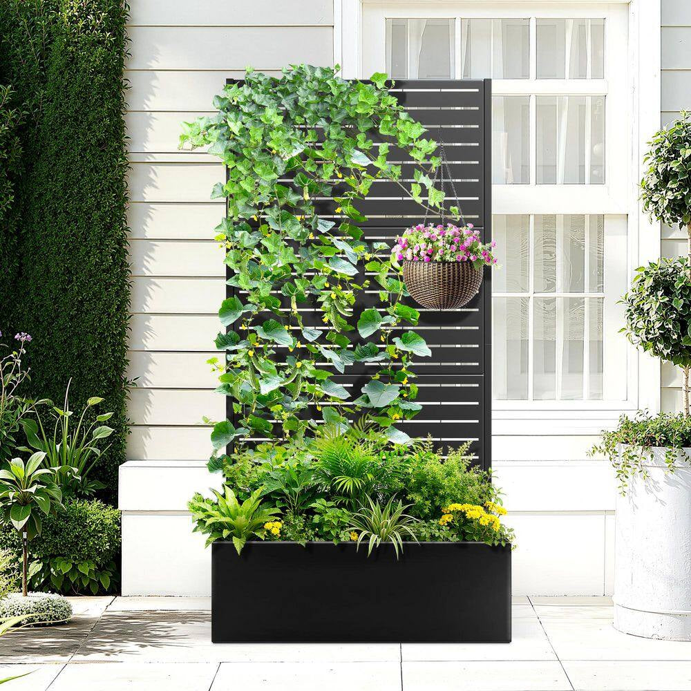 35 In. X 16 In. X 71 In. Black Metal Raised Garden Planter Box with Trellis for Climbing Plants and Cucumbers