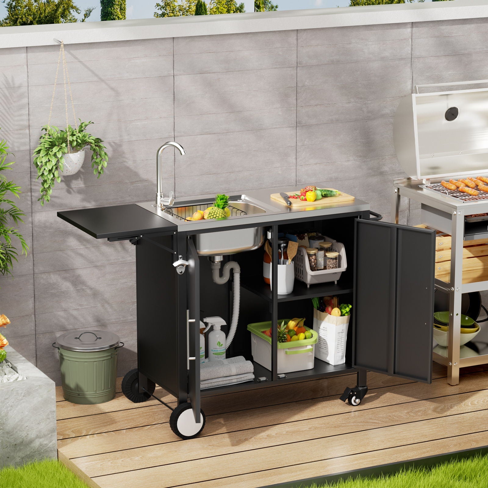 Outdoor Grill Table With Sink, Worktable Kitchen Cabinet Island With Wheels & Foldable Top - Black