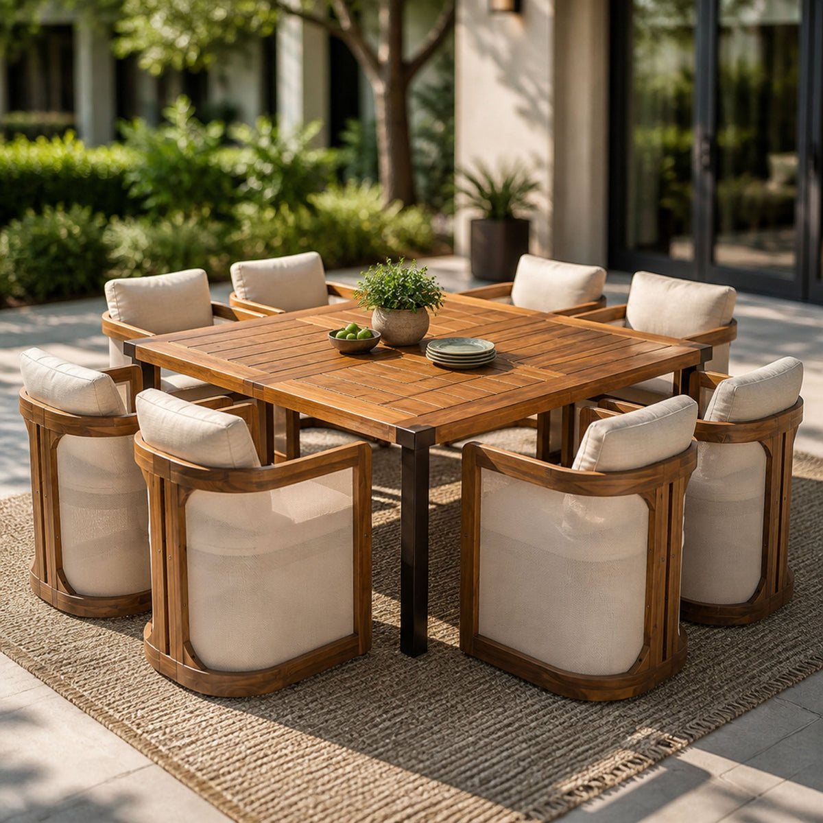 9‑Piece Outdoor Patio Dining Set, 64" Square Acacia Wood Dining Table with Metal Legs & 8 Pcs Acacia Wood Dining Chairs with