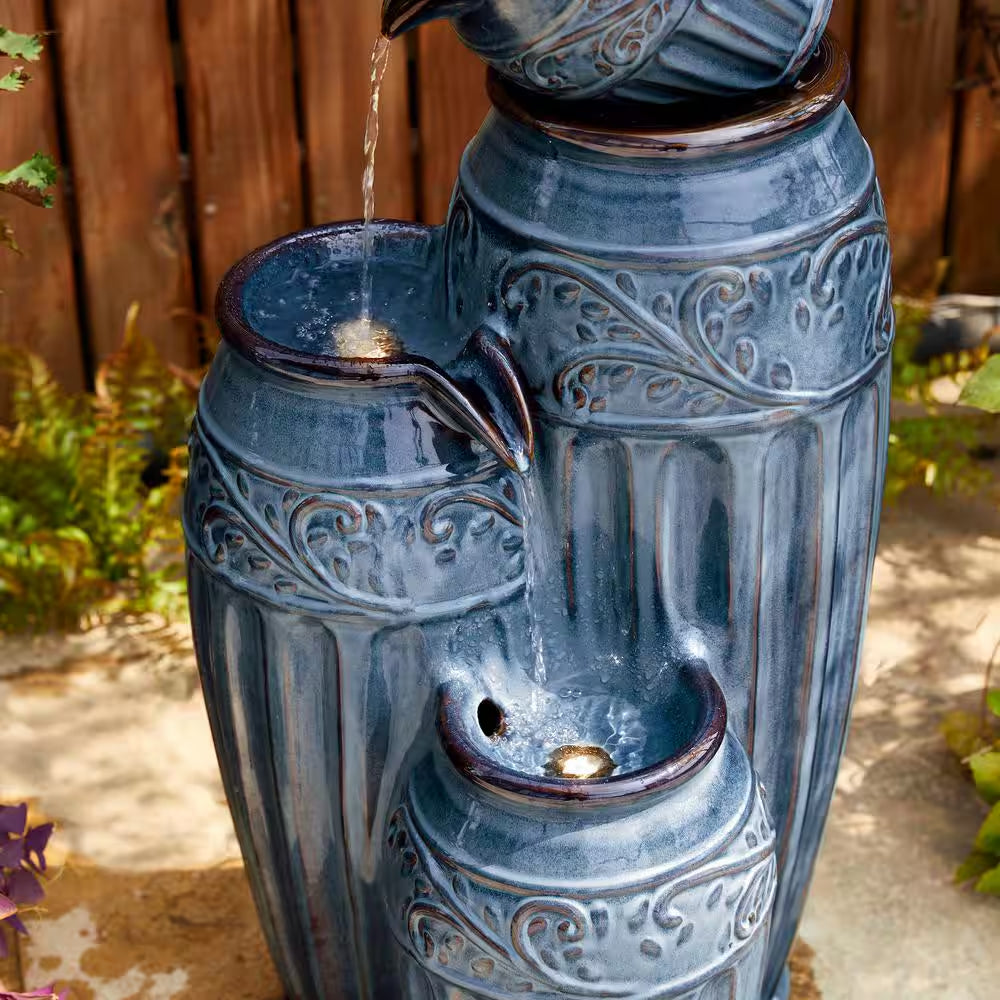 35.5 In. H Outdoor Oversized 4-Tiered Turquoise Embossed Pattern Ceramic Pots Floor Fountain with Pump and LED Light