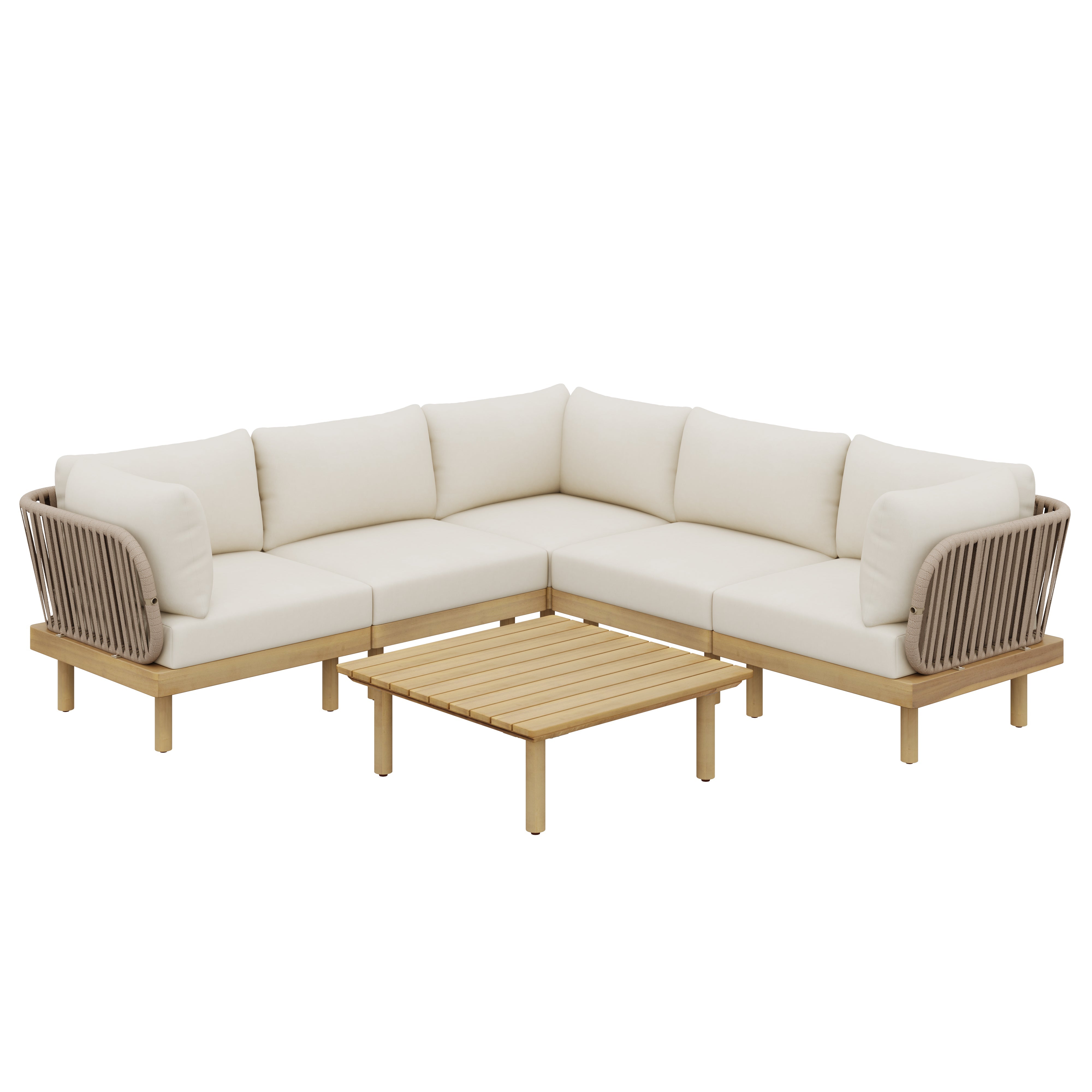 6-Piece Acacia Wood L-Shaped Modular Outdoor Sofa Set with Rope Back & Weather-Resistant Cushions
