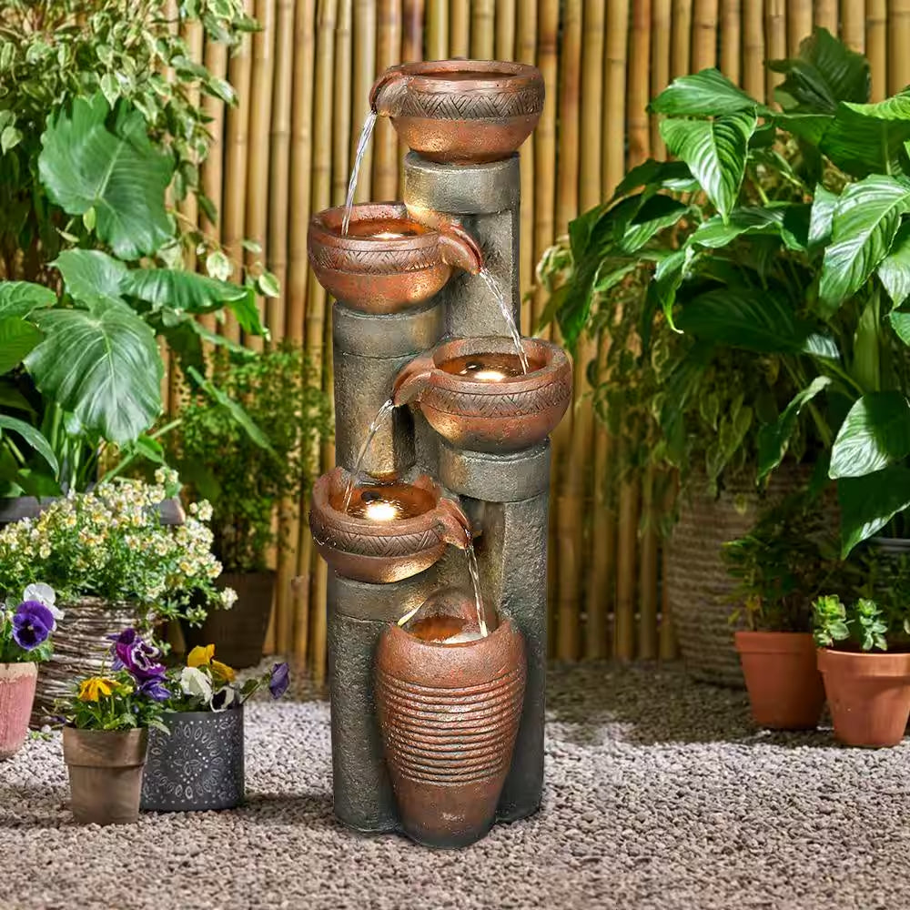 39.7 In. 5-Tier Resin Fiberglass Relaxing Outdoor Indoor Garden Water Fountain with LED Lights for House Art Decor