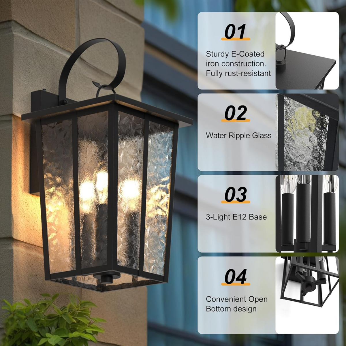 18.5-Inch Dusk to Dawn Outdoor Wall Lantern, 3-Light, Black