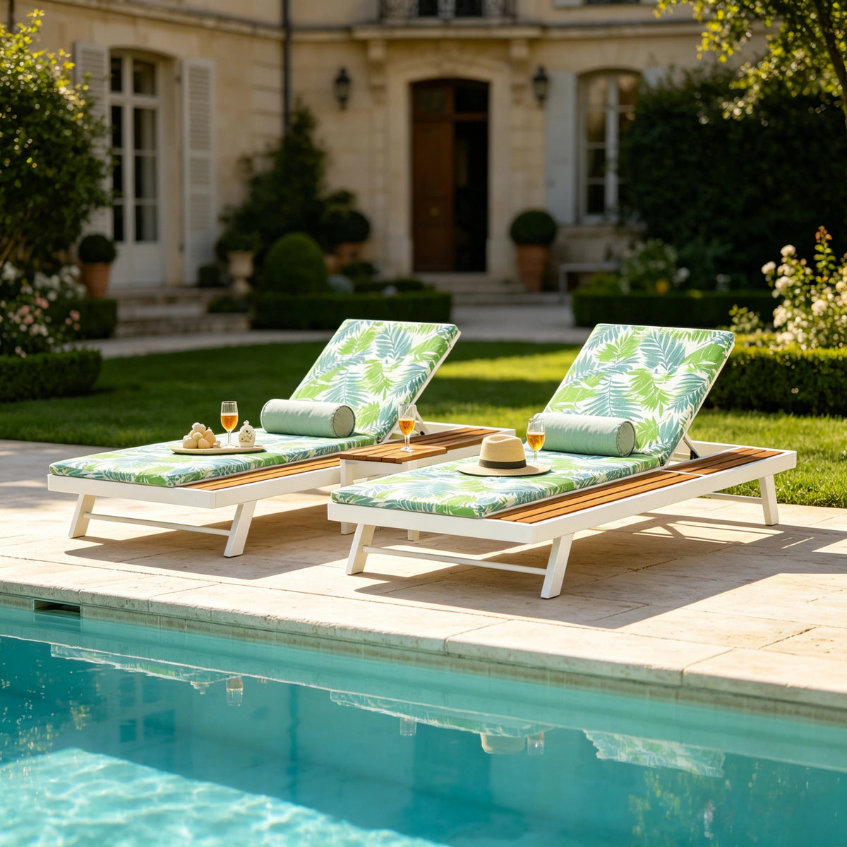 White Iron and Teak Finish Outdoor Chaise Lounge Set