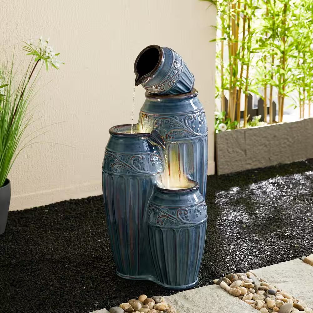 35.5 In. H Outdoor Oversized 4-Tiered Turquoise Embossed Pattern Ceramic Pots Floor Fountain with Pump and LED Light