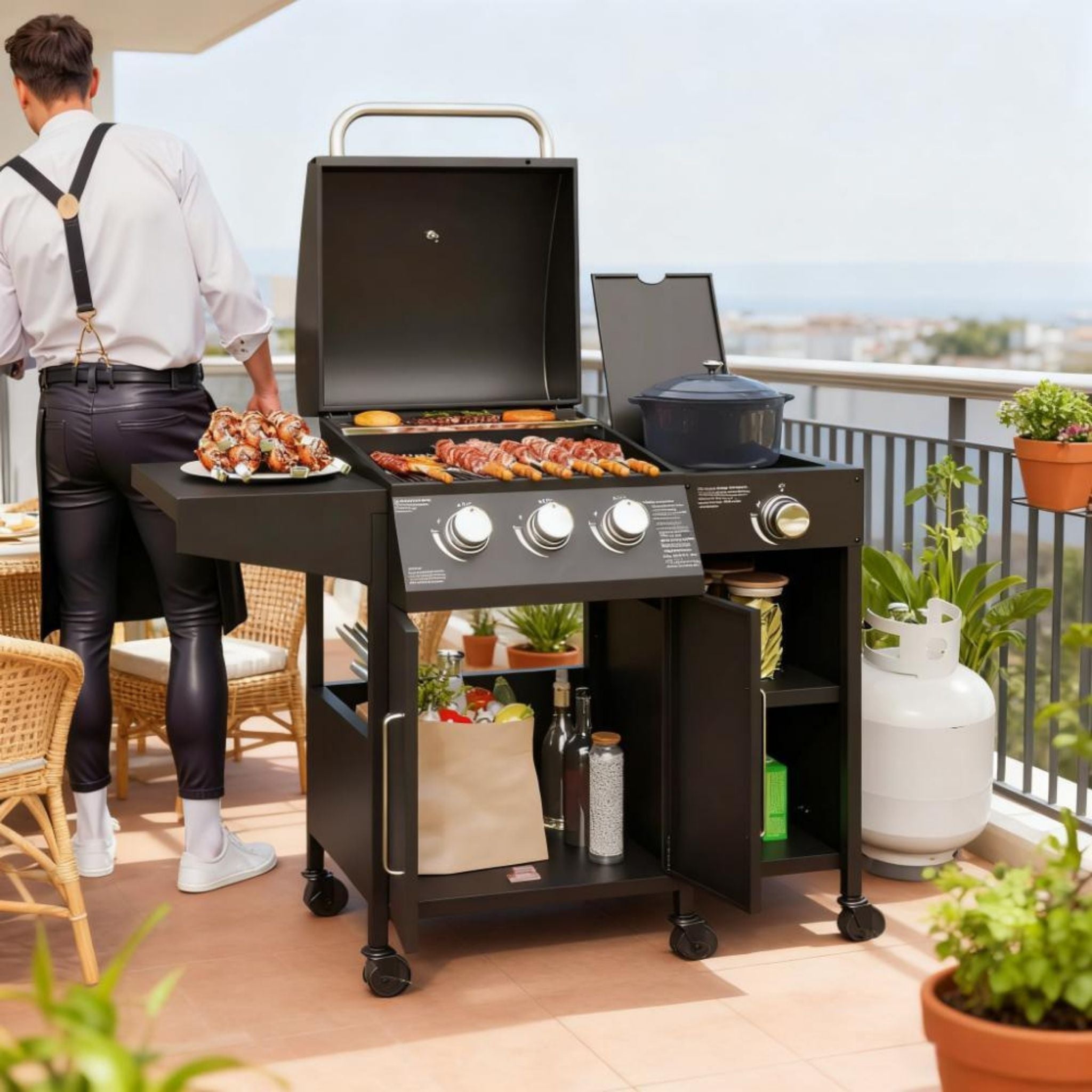 Castelle Flame 15K BTU Barbecue Propane Liquid Propane Grill With Side Burner
