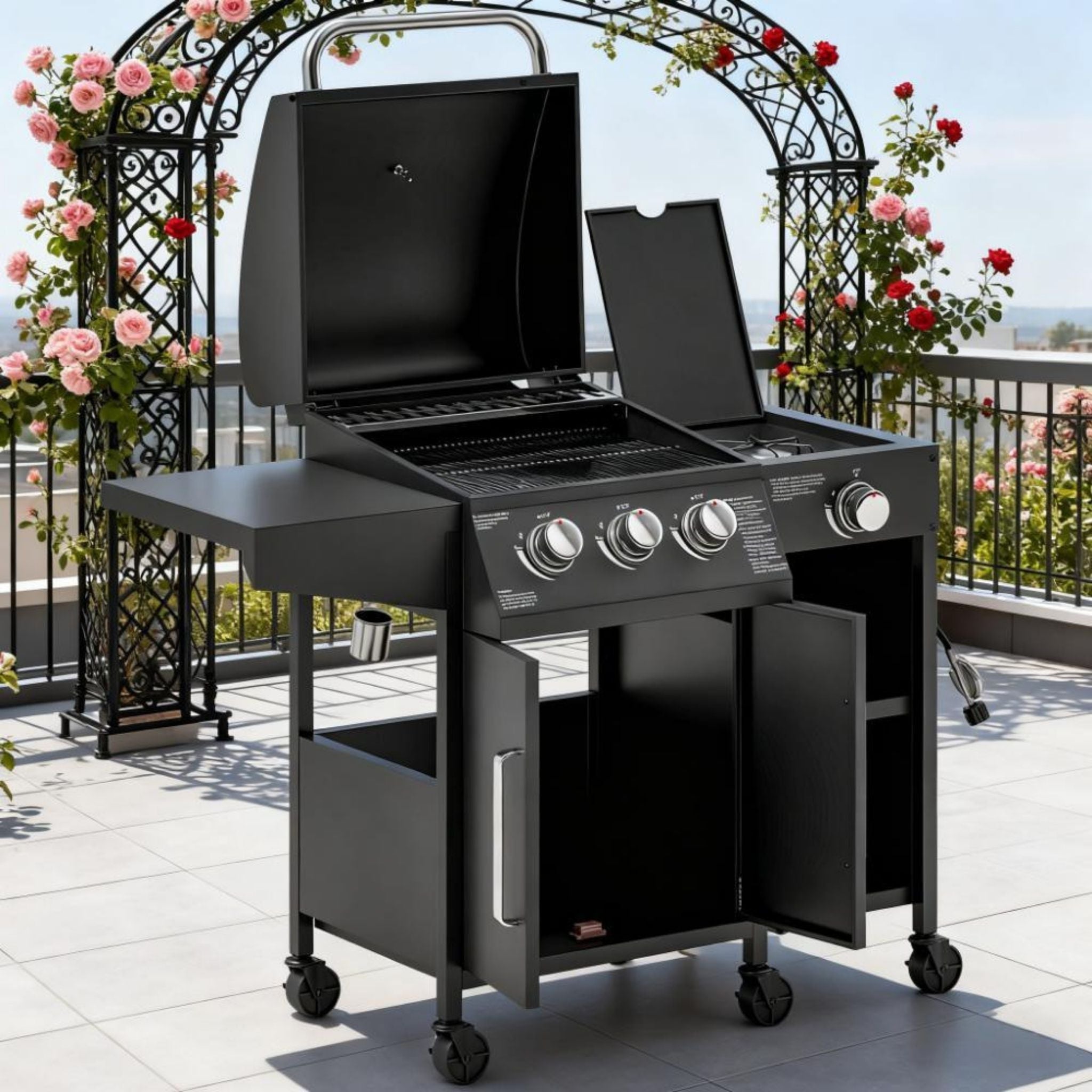 Castelle Flame 15K BTU Barbecue Propane Liquid Propane Grill With Side Burner