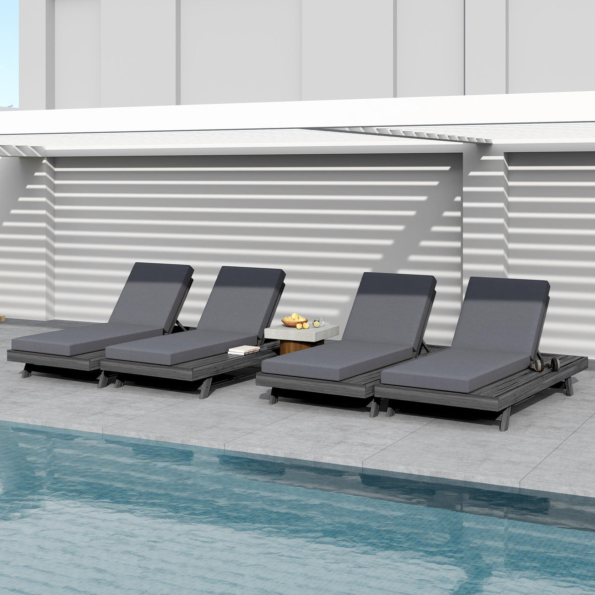 Black Acacia Wood Outdoor Chaise Lounge with Water-Resistant Cushions