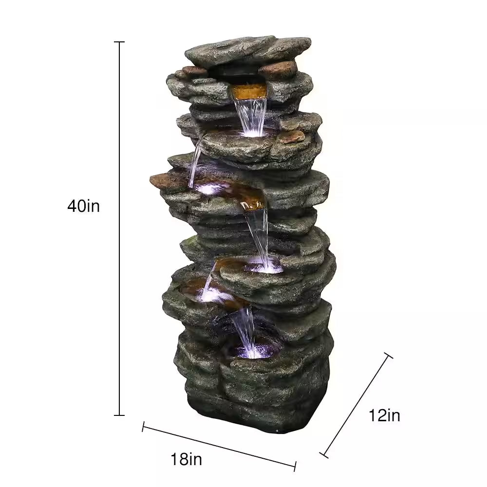 40 In. Resin Rockery Outdoor Relaxing Water Fountain, 6-Tier LED Outdoor Waterfall Fountain for Home, Office, Garden