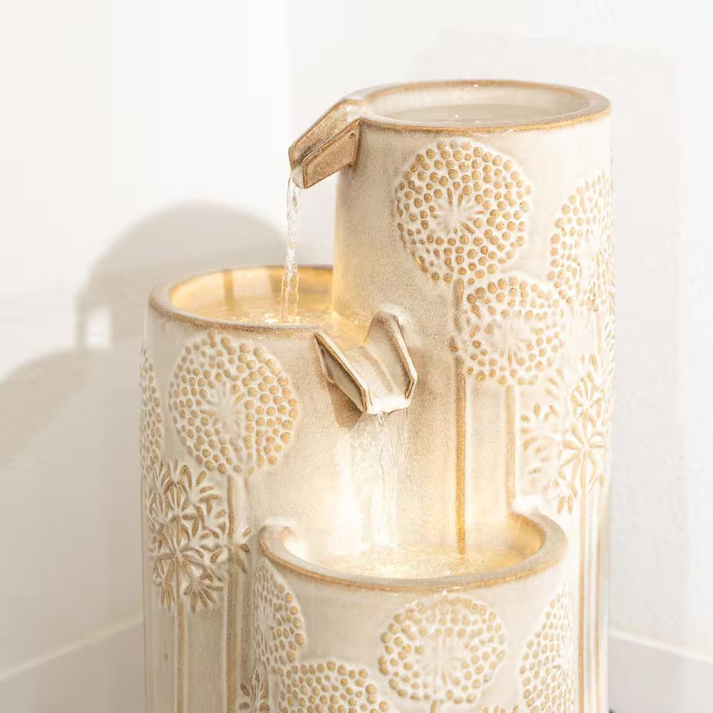 25 In. H Freestanding Cascadian Outdoor Garden Fountain W/Flower Details and Warm LED Lights, Ceramic, Beige