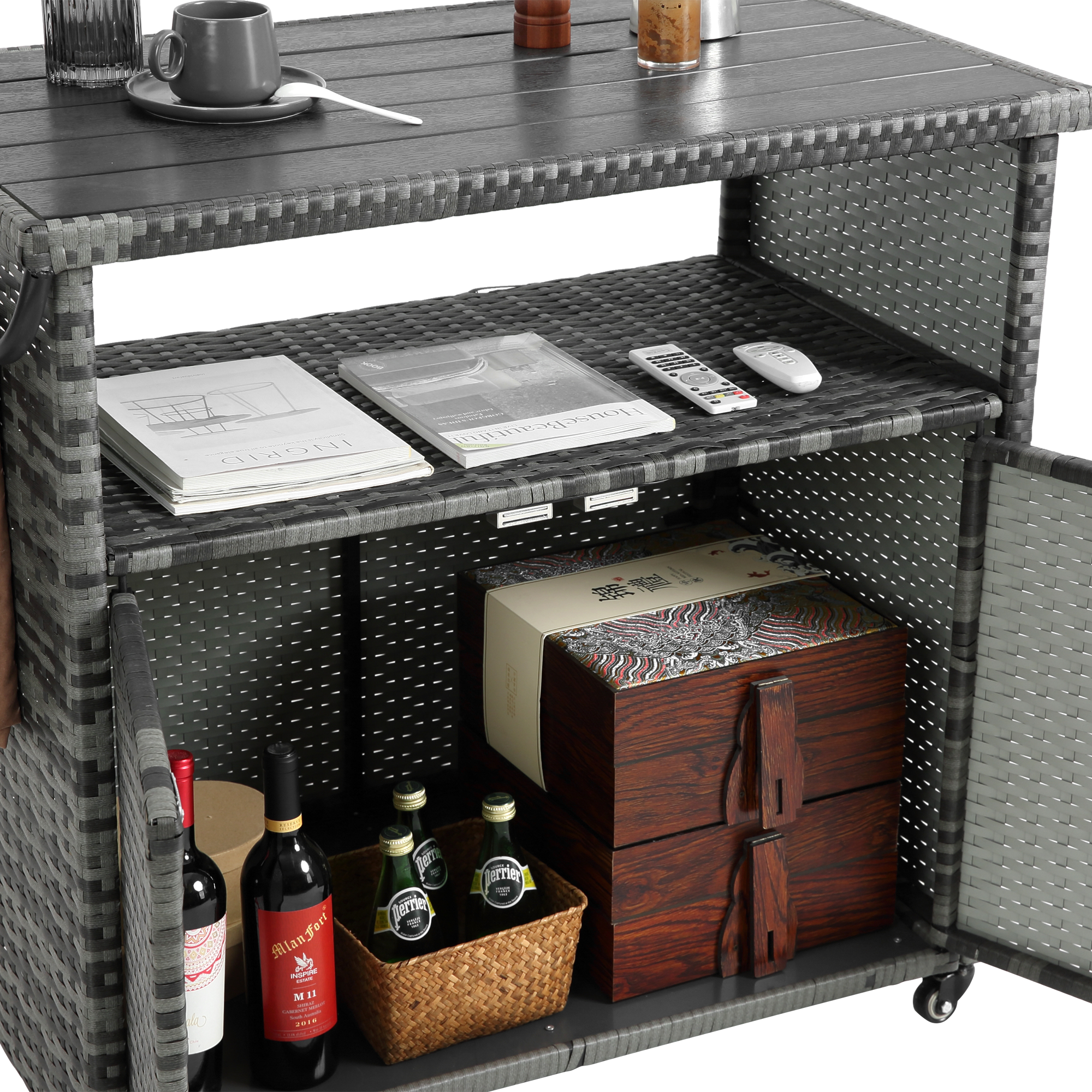 Outdoor Wicker Bar Cart with Glass Top and Wheels