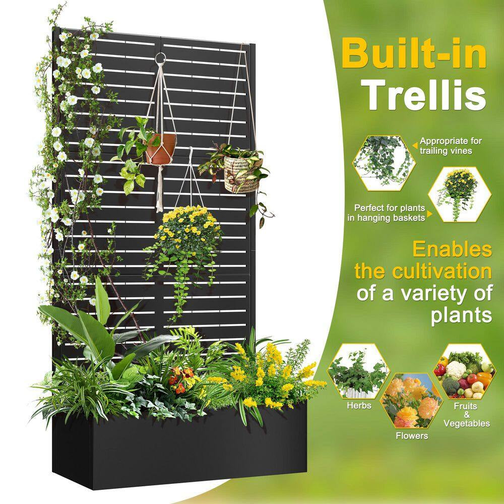 35 In. L X 16 In. W X 71 In. H Metal Raised Garden Planter Box Trellis-Black Rectangle Pot Climbing Plants Cucumbers