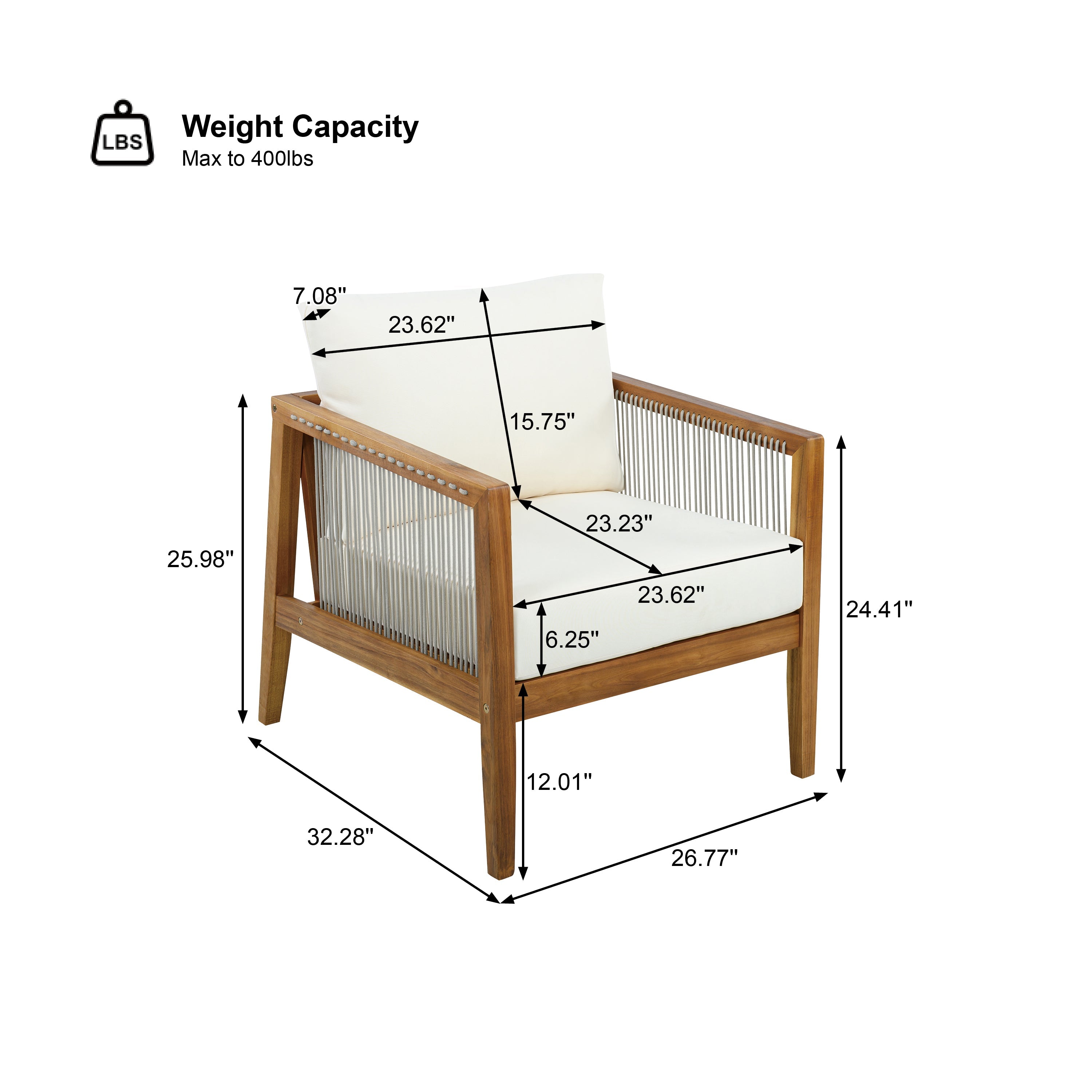 Outdoor Club Chair (Set of 1) - Acacia Wood Frame with Rope Back