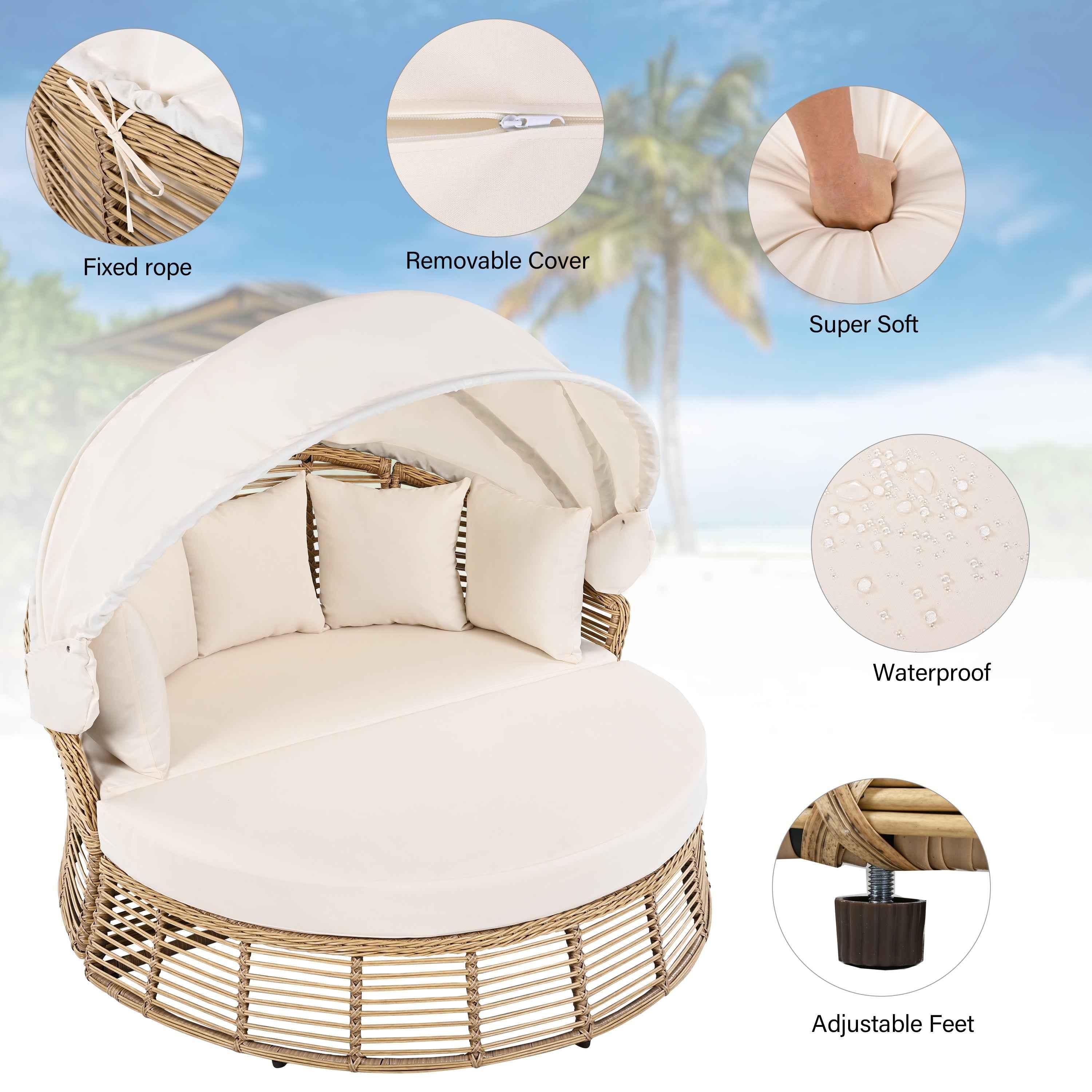 Outdoor Patio Rattan Round Daybed with Retractable Canopy, Wicker