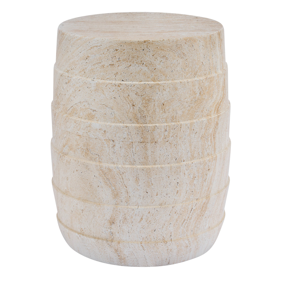 Modern Cylindrical Travertine-Look Outdoor Side Table with Ribbed Texture - Light Beige