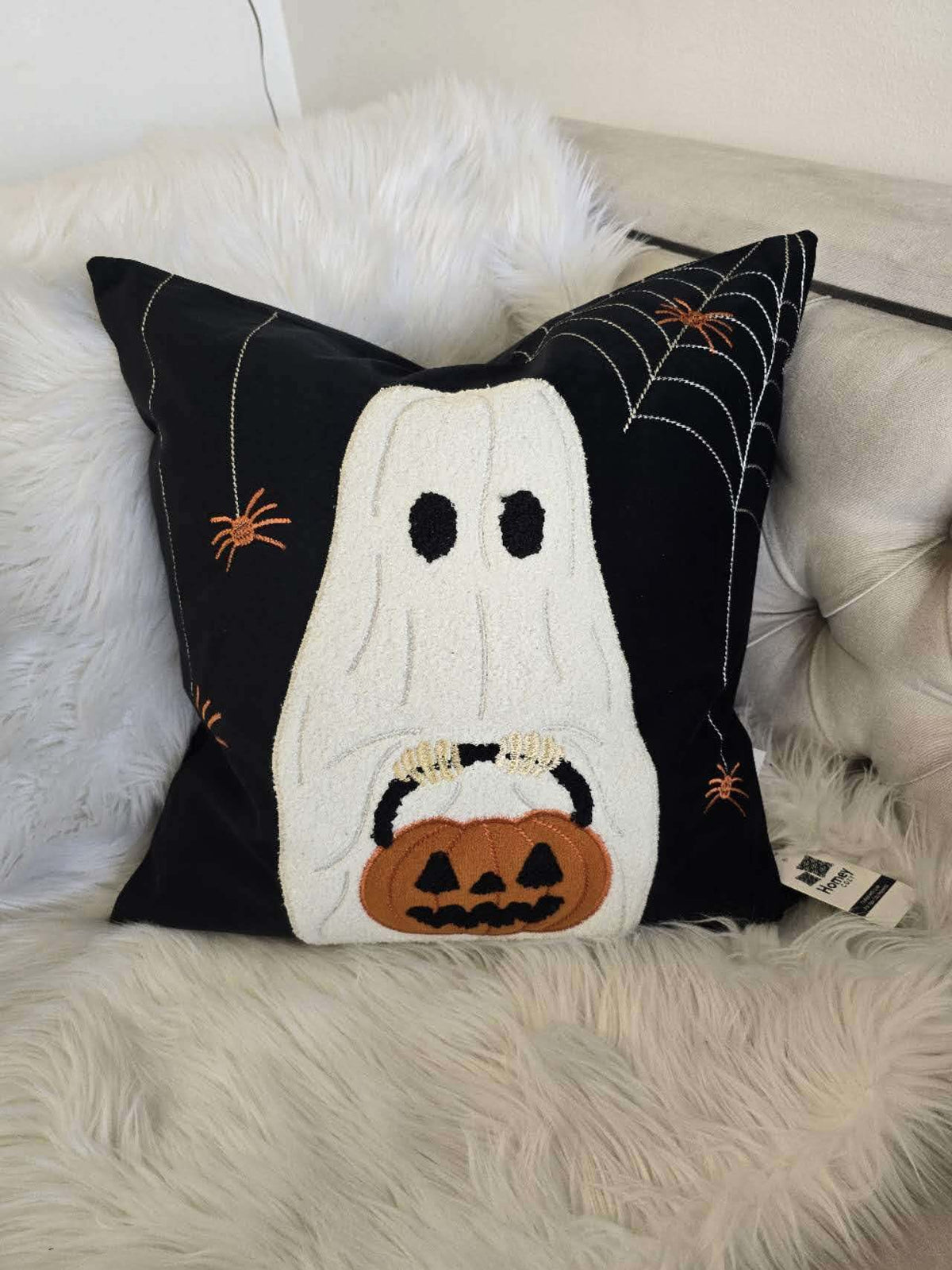 Halloween Ghost Throw Pillow with Embroidered Pumpkin Bucket - Velvet