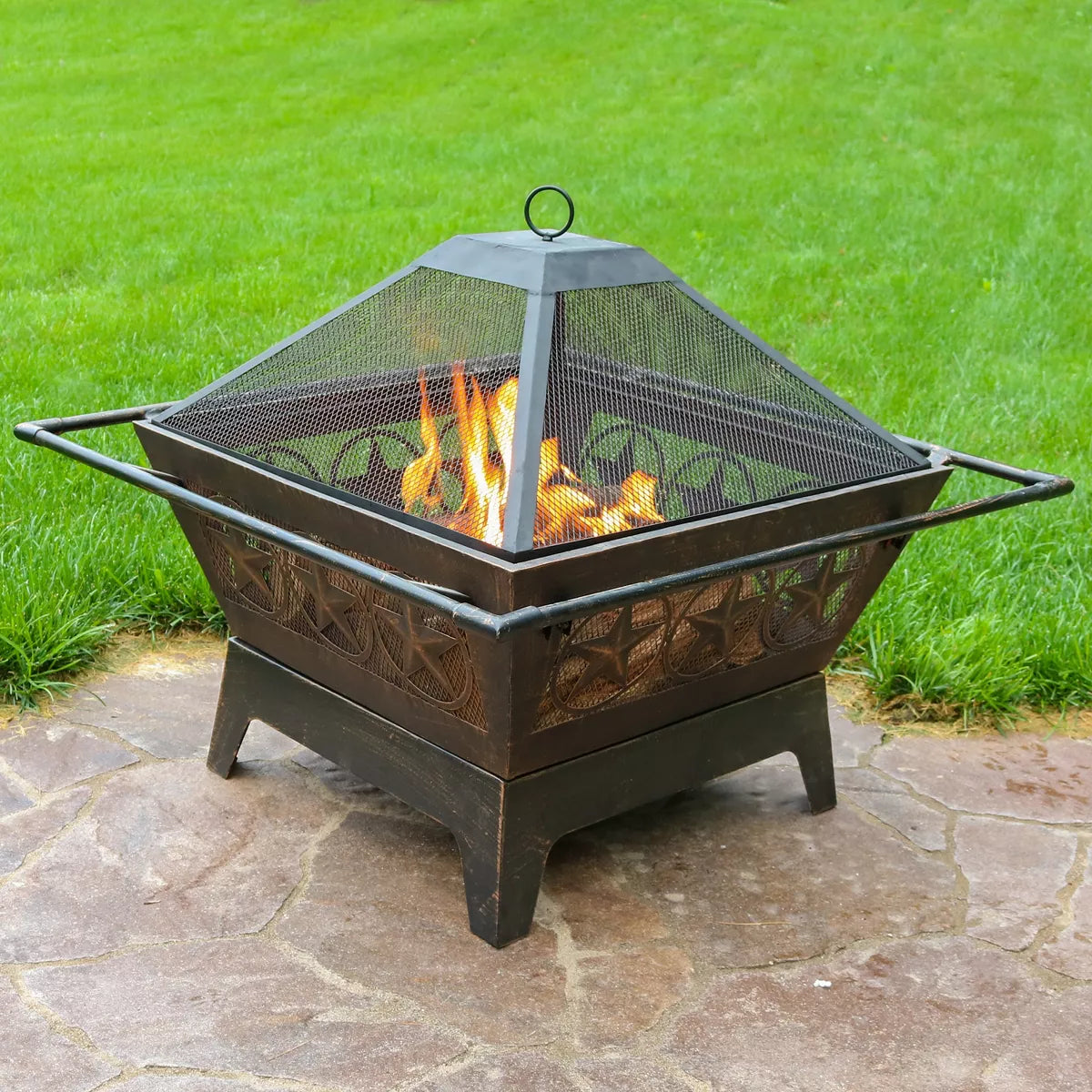 Sunnydaze Outdoor Camping or Backyard Steel Northern Galaxy Fire Pit with Cooking Grill Grate, Spark Screen, and Log Poker - 32"