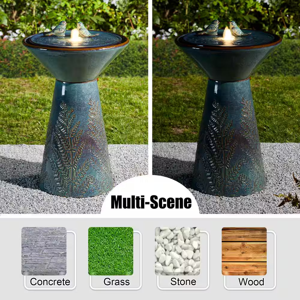 27.5 In. H Turquoise 2 Birds Embossed Plant Pattern Pedestal Ceramic Fountain with Pump and LED Light (KD)
