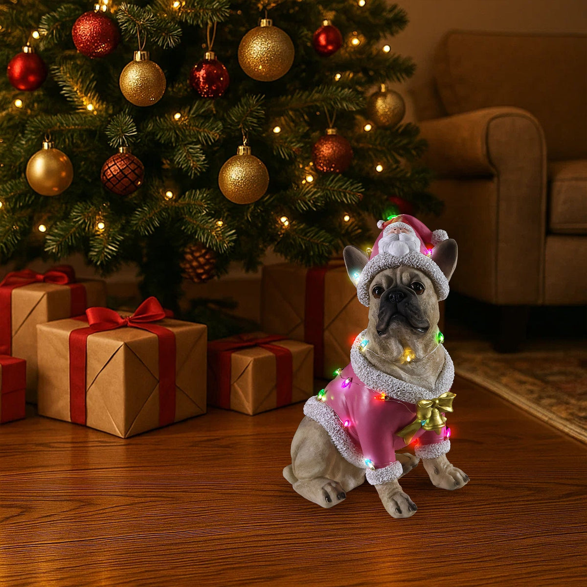 Christmas French Bulldog Statue with Pink Santa Outfit - Multi-Color