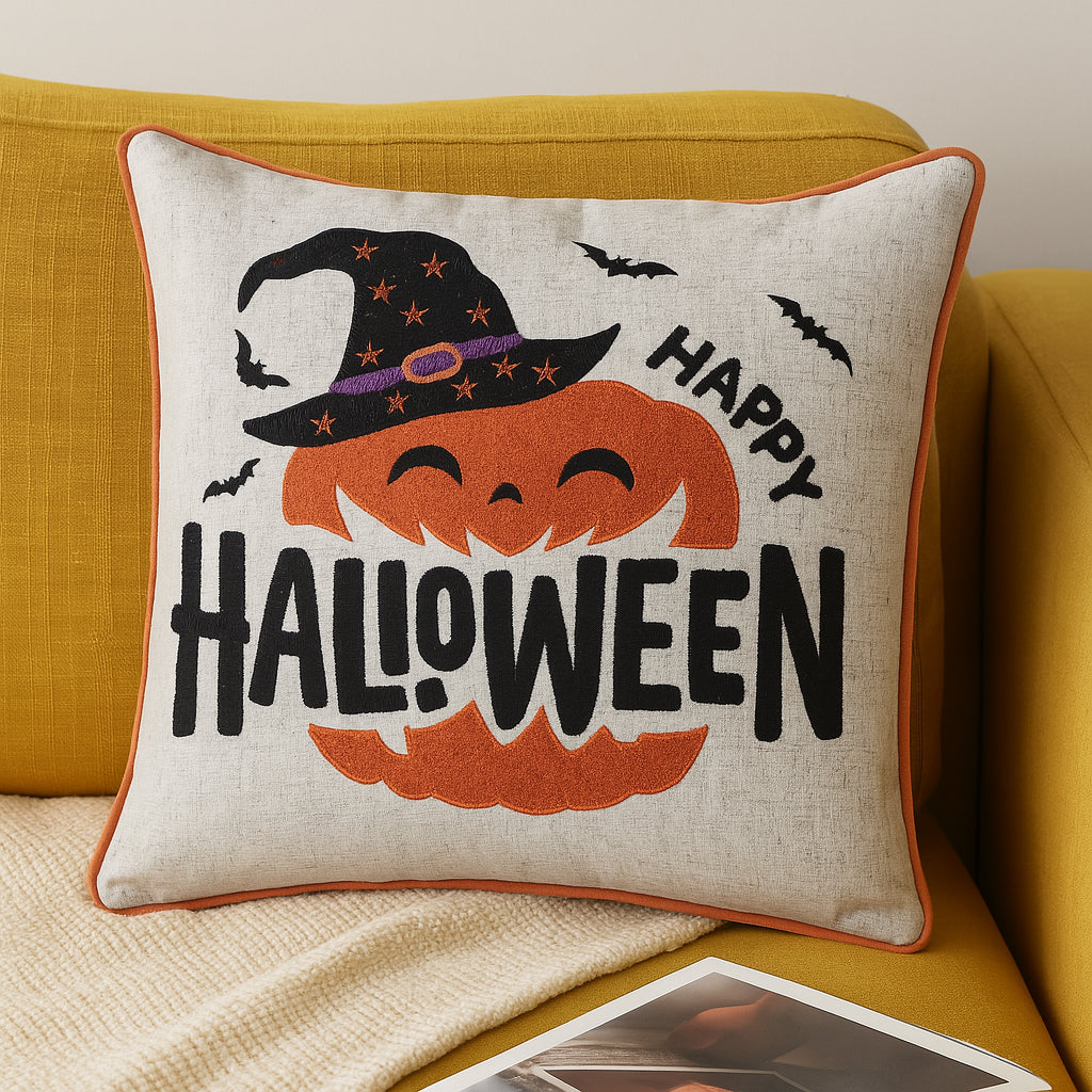 Embroidered Halloween Pumpkin Accent Pillow with Festive Detailing - Neutral