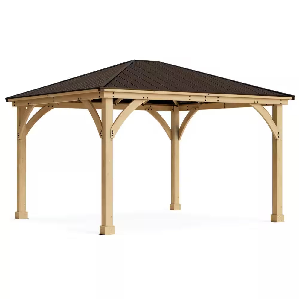 DIY Meridian 12 Ft. X 12 Ft. Cedar Wood Outdoor Gazebo Kit with Hardtop Metal Roof - Permanent Covered Patio Shade