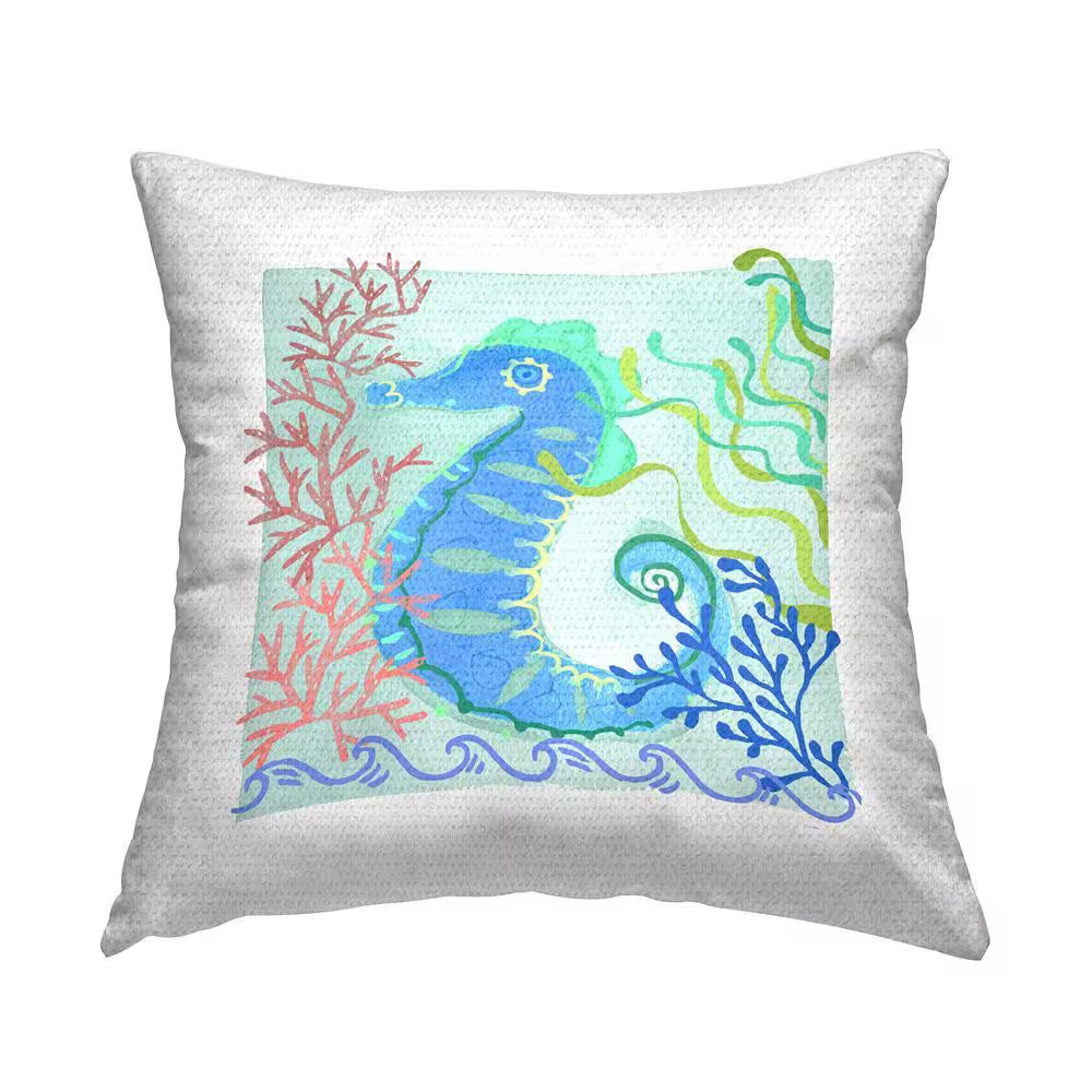 Nautical Seahorse Water Wave Multi-Color Square Outdoor Throw Pillow