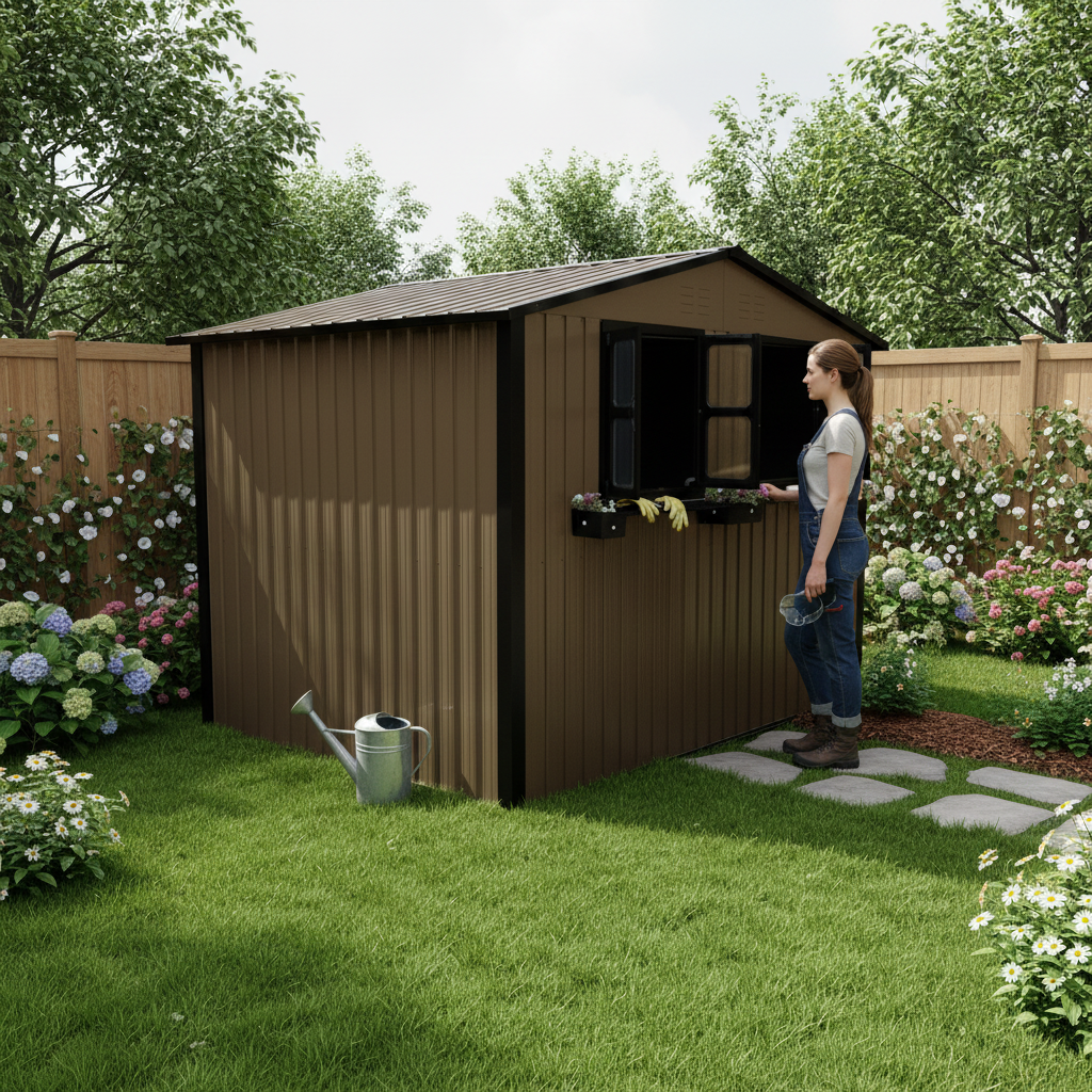 6x9 FT Outdoor Metal Storage Shed with Window & Flower Rack