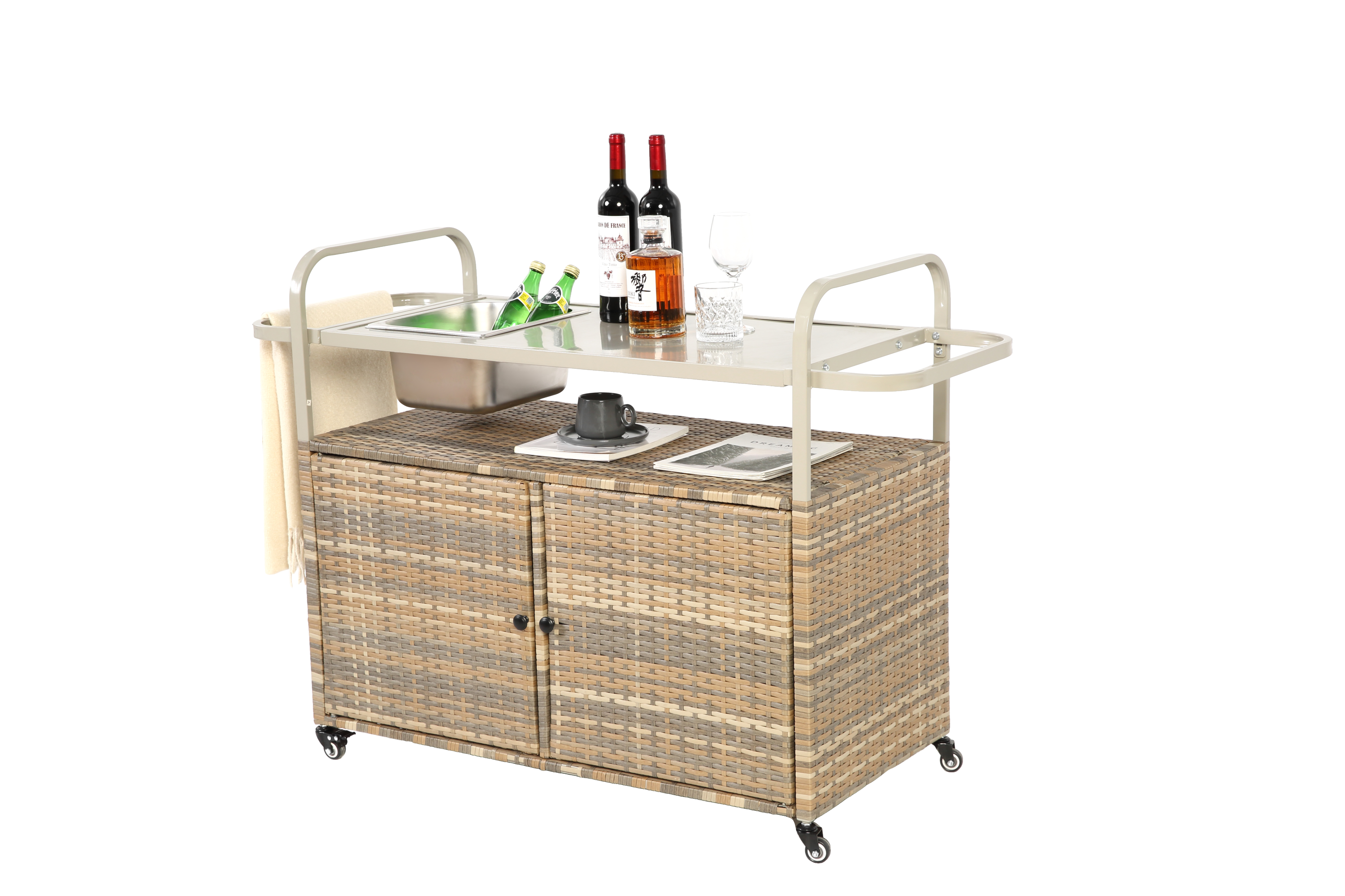 Outdoor Bar Table with Wicker Cabinet and Steel Top