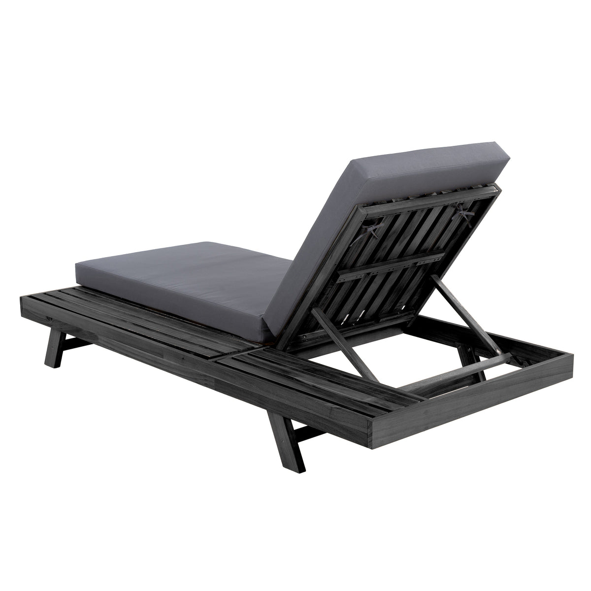 Black Acacia Wood Outdoor Chaise Lounge with Water-Resistant Cushions